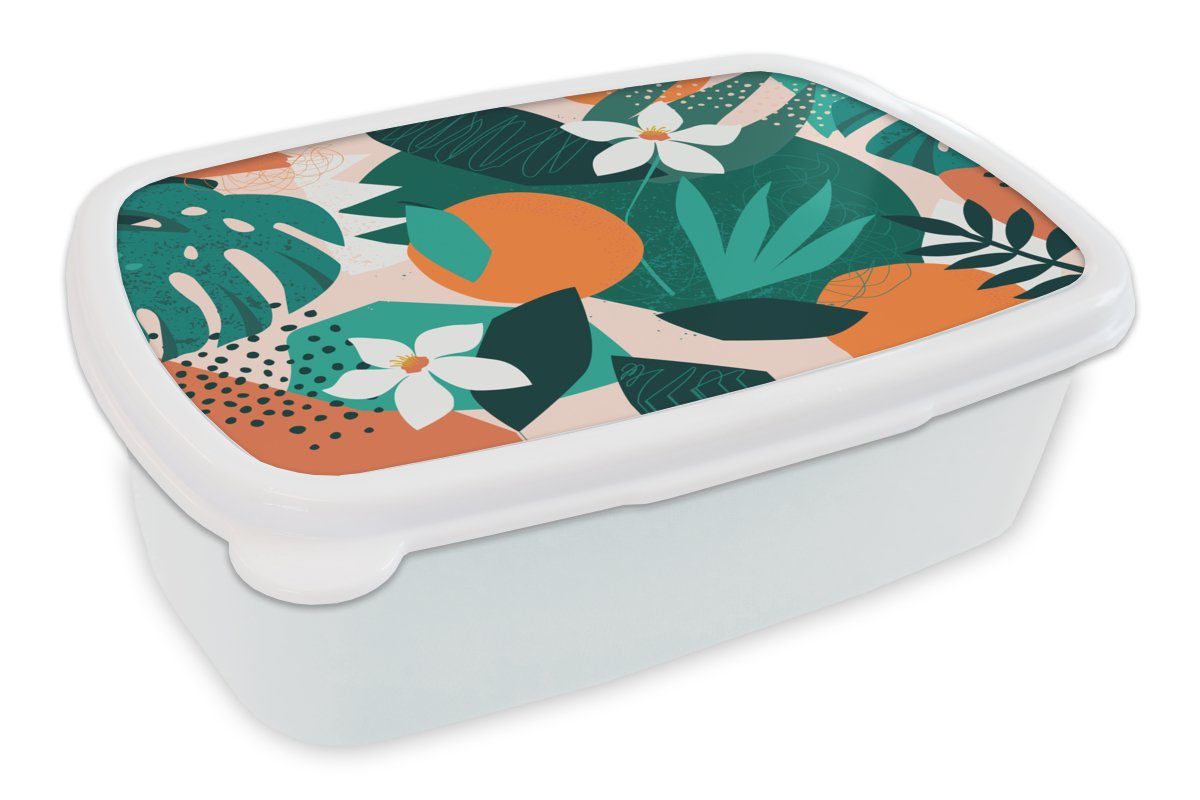 MuchoWow Lunchbox Blumen - Obst - Dschungel, Kunststoff, (2-tlg), Brotbox für Kinder und Erwachsene, Brotdose, für Jungs und Mädchen weiß