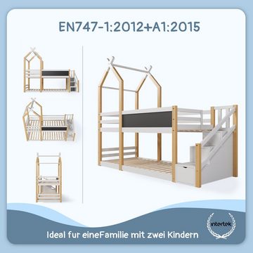 REDOM Etagenbett Kinderbett (mit Speicherung und Rausfallschutz), Hochbett für Kinder– 2x Lattenrost- Natur & Weiß(ohne Matratze)