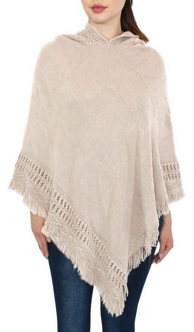 dy_mode Strickponcho Poncho Damen Strickponcho Umhang Cape Pullover mit Kapuze in Unifarbe, mit Fransen