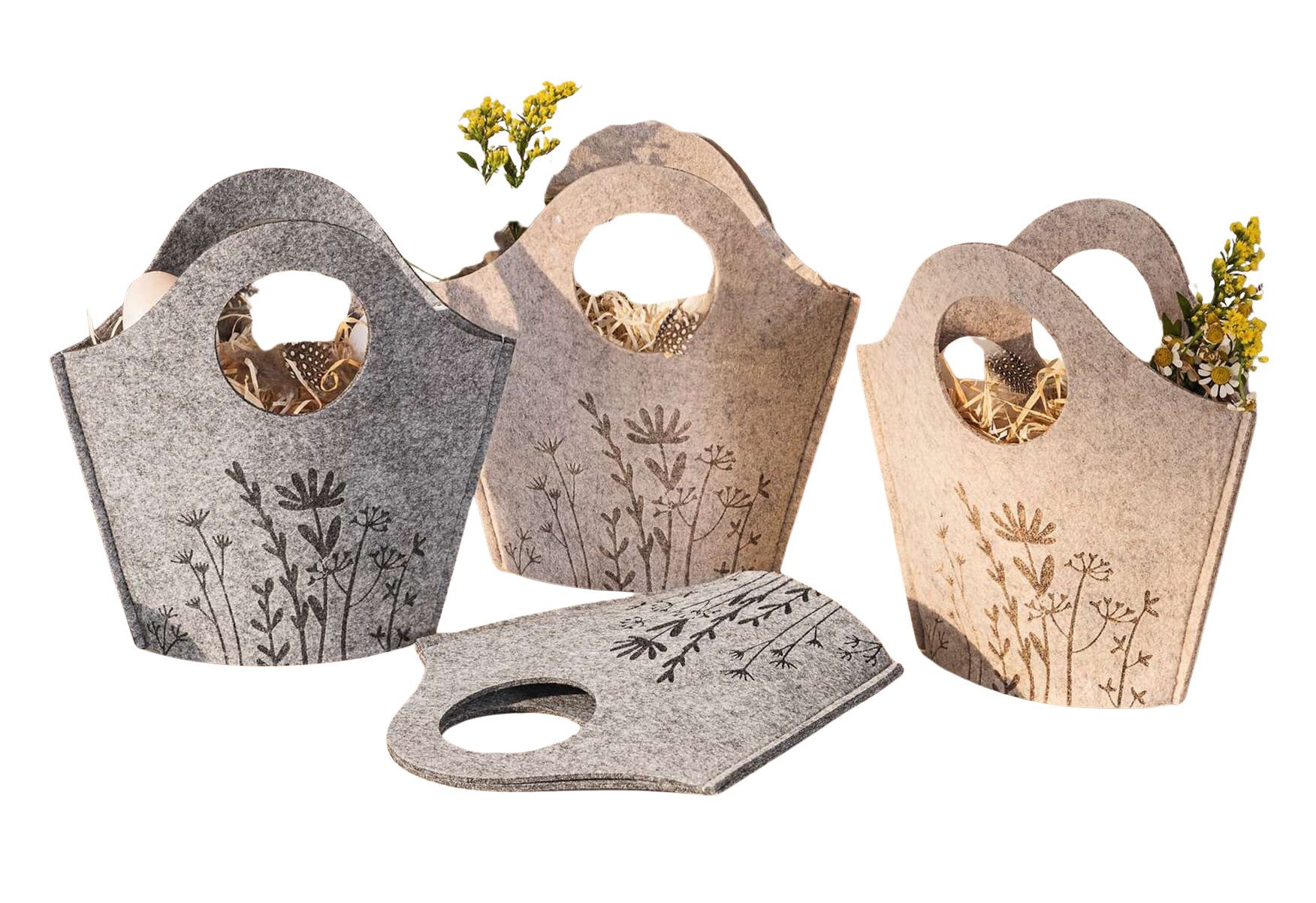 Geschenkbox "Blumenwiese" Filztasche beige & grau, Filz Osterkörbchen, Filzbeutel