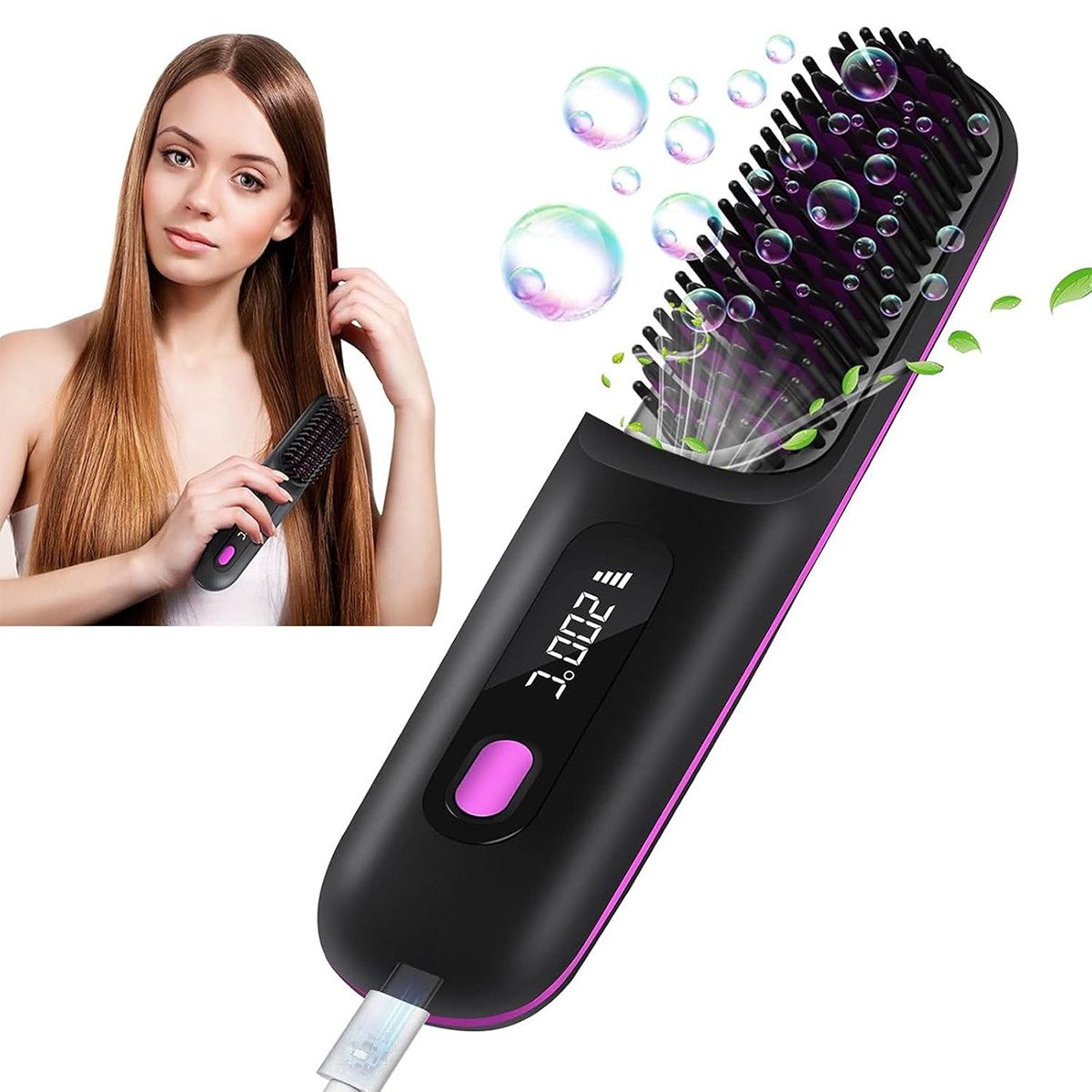Welikera Warmluftbürste Warmluftbürste,Kabelloser Haarglätter Bürste,mit Negativ Ionen, Drei Temperaturstufen(160°C,180°C,200°C),35 W,Verbrühungsschutz