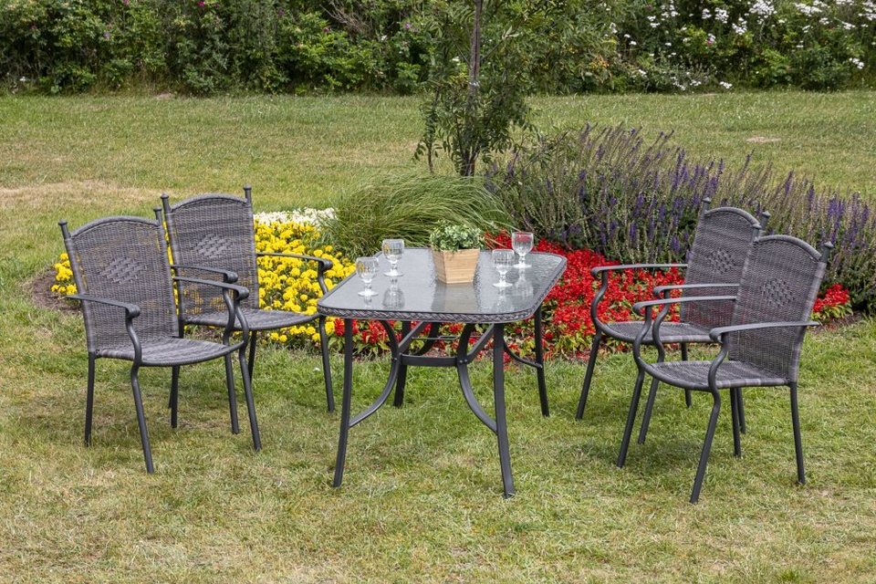 MERXX Garten-Essgruppe, Gartentisch mit Geflechtrand in grau an der  Tischplatte