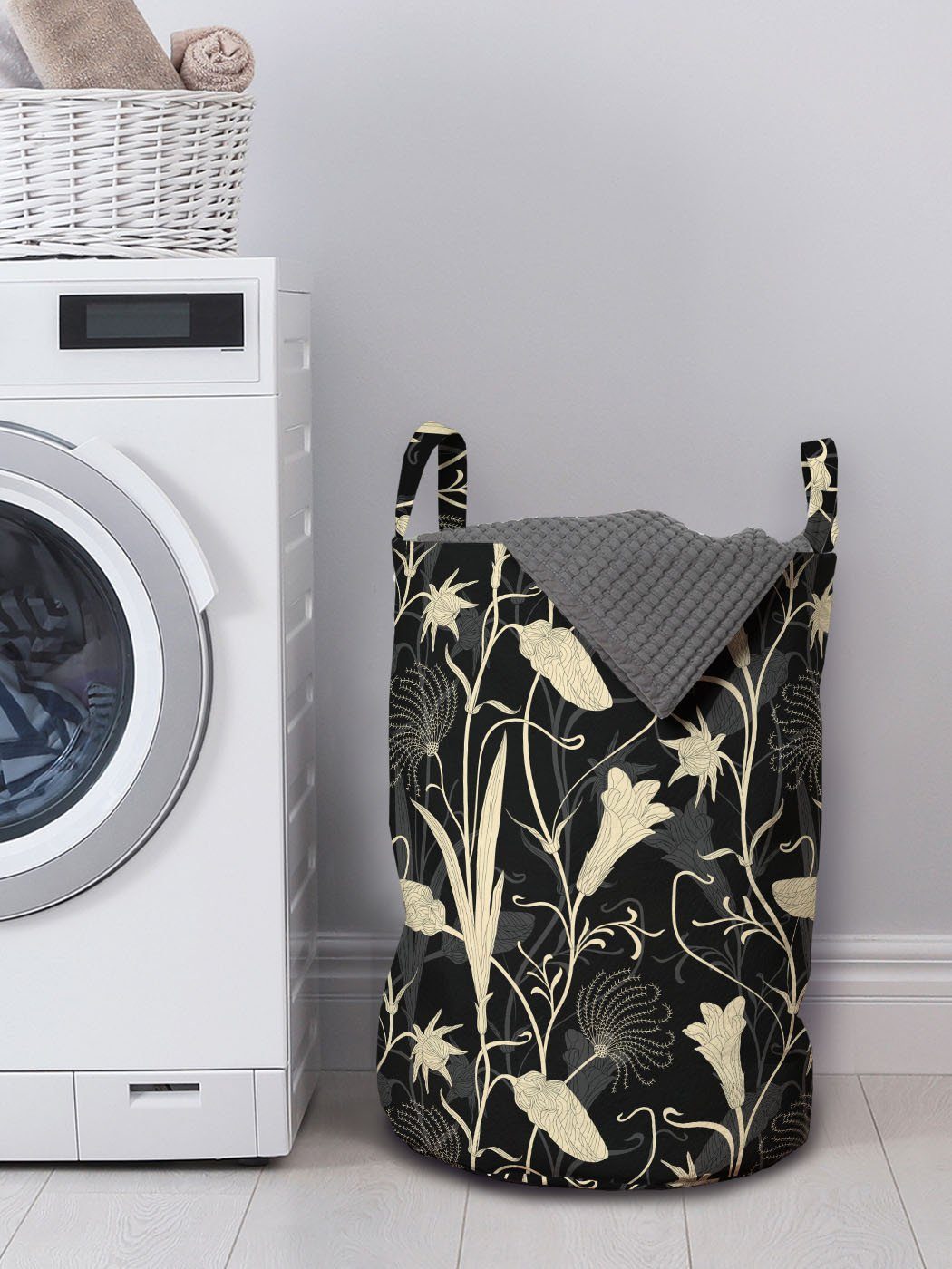 Wäschekorb Abakuhaus für Kordelzugverschluss Griffen Jugendstil Mutter mit Wäschesäckchen Waschsalons, Blüten Natur