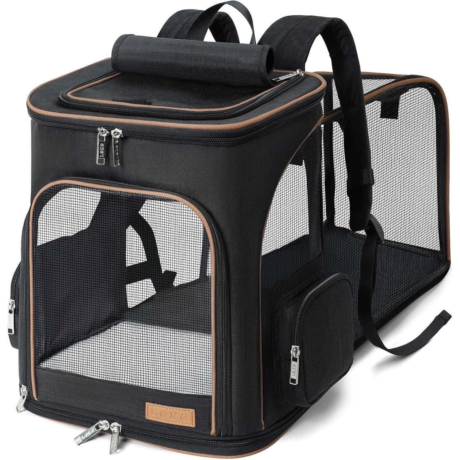 LuxusKollektion Tiertransporttasche Katzenrucksack erweiterbar faltbar L(33 x 29 x 38 cm) Schwarz