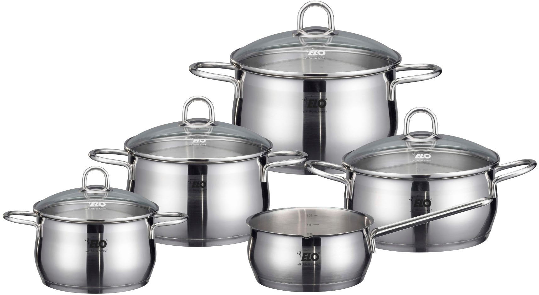 Elo Topf-Set Platin, Edelstahl 18/10 (Set, 9-tlg., 1 Bratentopf 20 cm, je 1 Fleischtopf 16/20/24 cm, 1 Kasserolle 16 cm), Induktion