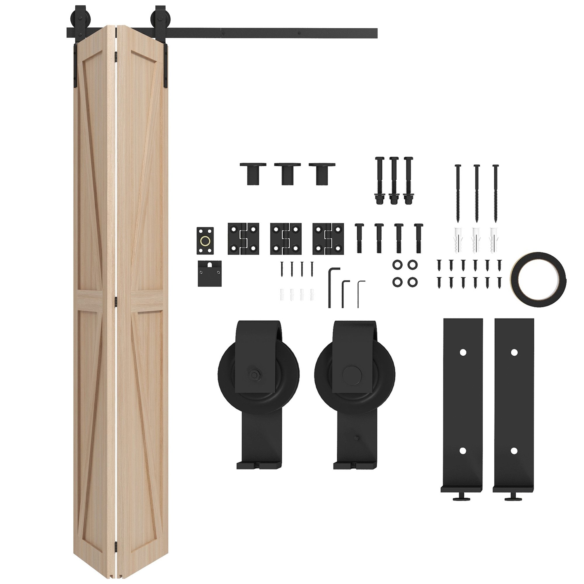 HOMCOM Türbeschlag für doppelflügelige Schiebetüren (Set, 1 St., Schiebetür-Beschlagset 122 cm), Leise Laufrollen, Tragkraft bis 90 kg