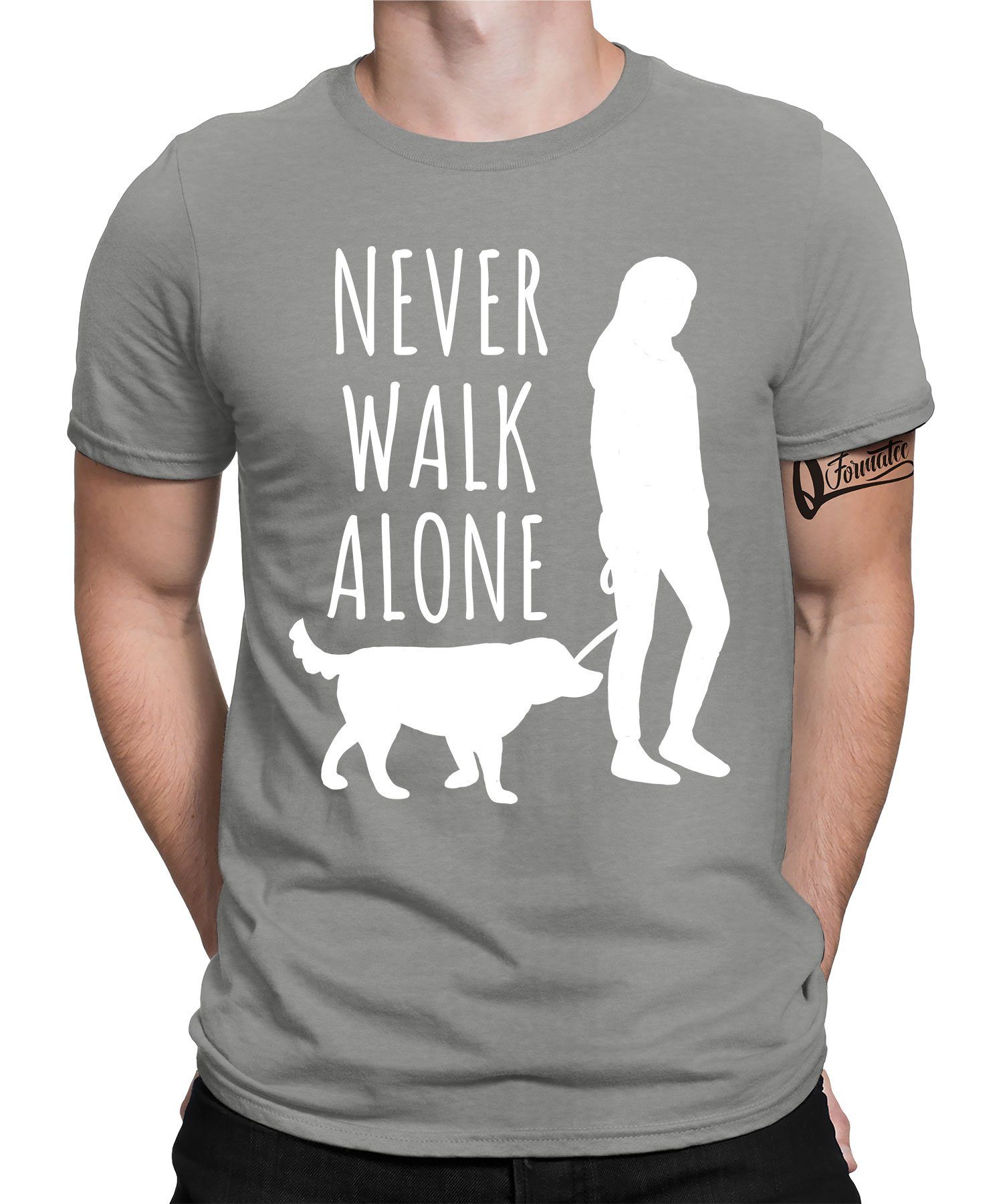Quattro Formatee Kurzarmshirt Hund Never walk alone - Lustiger Spruch Statement Herren T-Shirt (1-tlg) Heather Grau