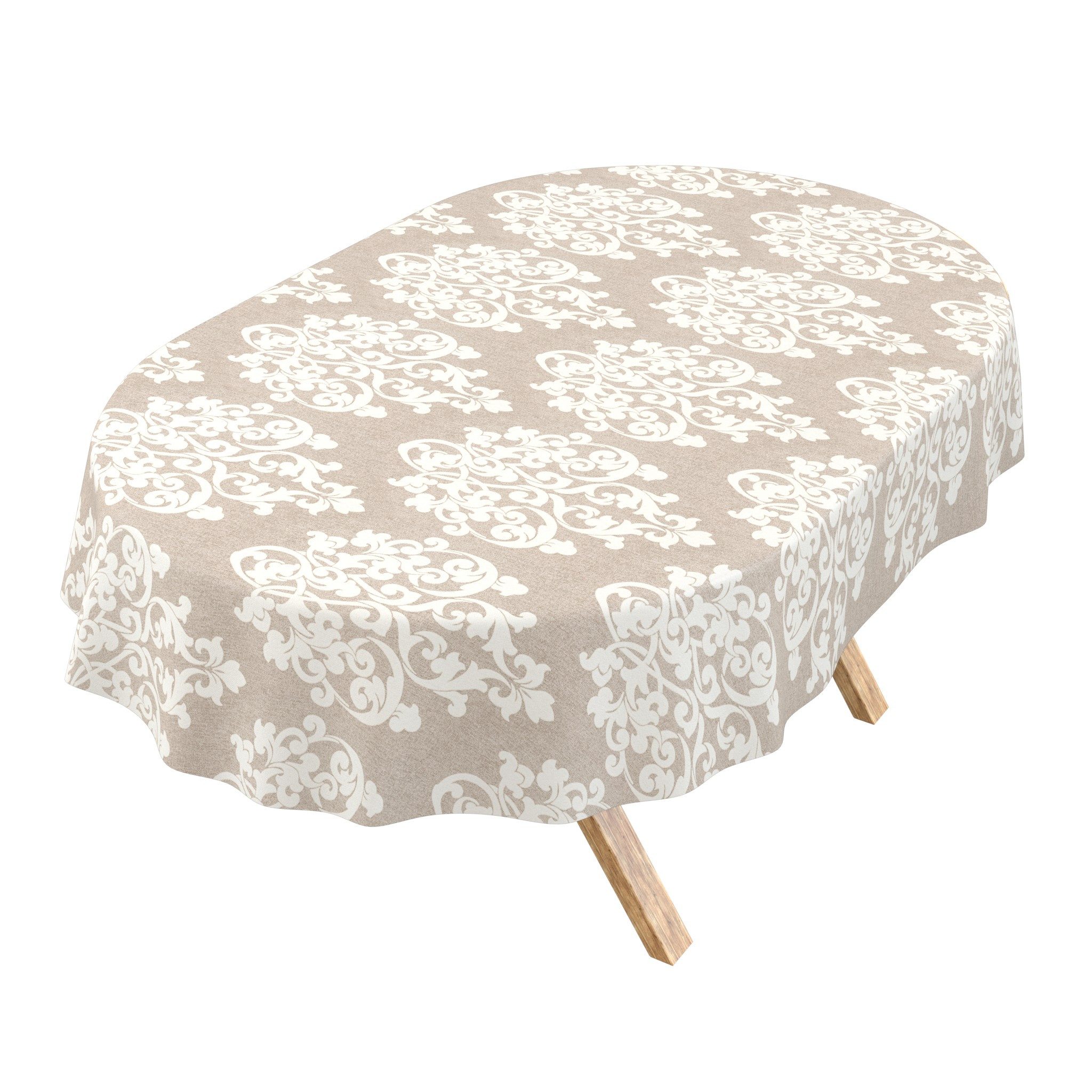 ANRO Tischdecke abwaschbar Baumwolloptik Barock Ornament Beige wetterfest (Einzelstück 1-tlg, eine Tischdecke), Stofftischdecke schmutzabweisend 160x140cm Barock Ornament Beige