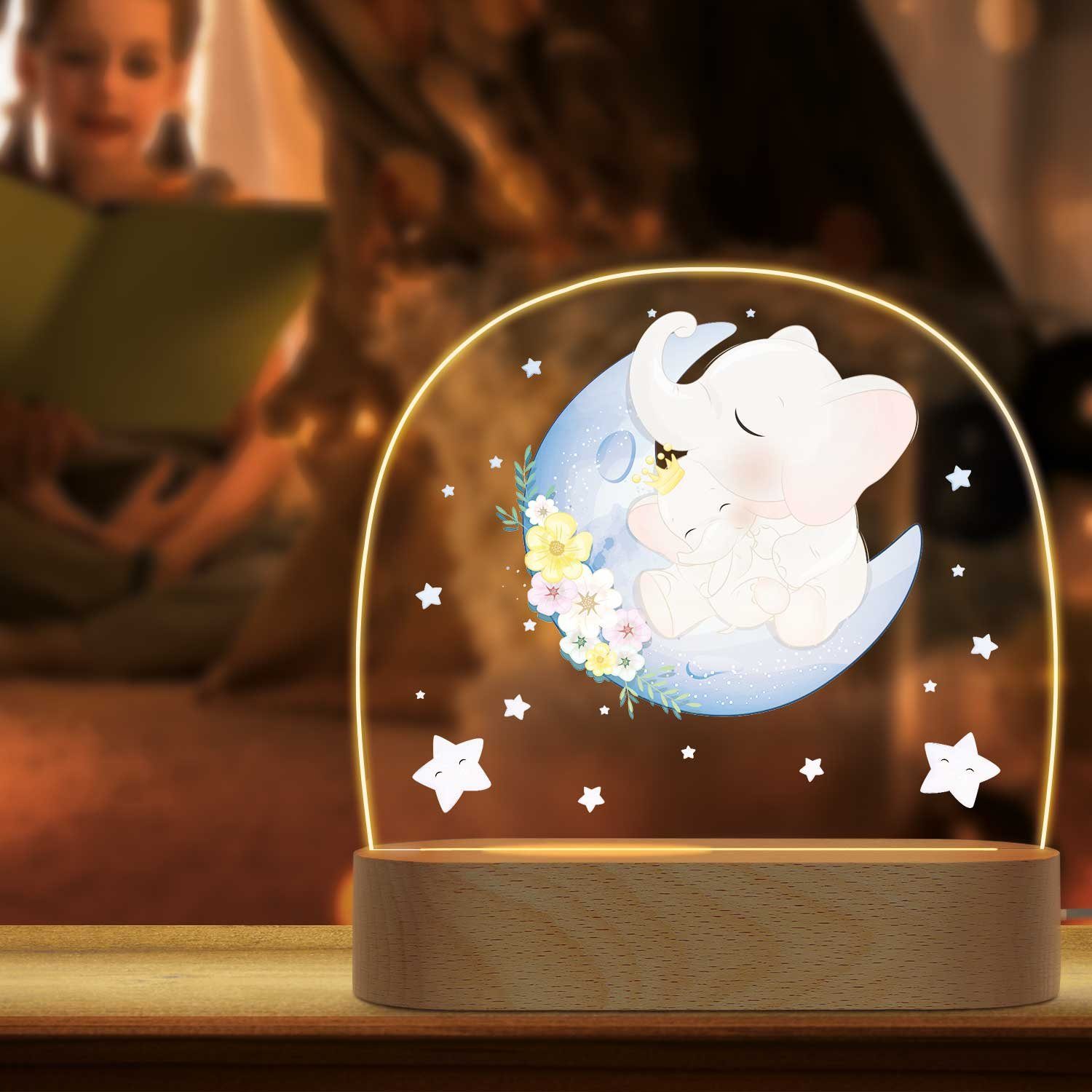 GRAVURZEILE LED Nachtlicht für Kinder, Beruhigend und Energiesparend - Mond Design - Elefant, LED, Warmweiß, Geschenk für Kinder & Baby