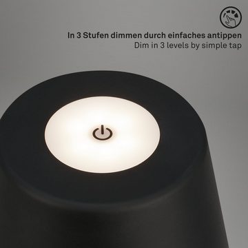 Briloner Leuchten Außen-Tischleuchte 7437015, dimmbar, Touch, USB-C Aufladung, Akku, LED fest verbaut, Warmweiß, Tischlampe kabellos, 31 x 16,5 cm, Schwarz, 3,5W, Spritzwasserschutz