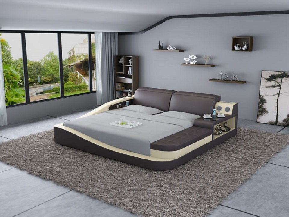 JVmoebel Bett Luxus Schlafzimmer Bett Polster Design Leder Doppel Betten Textil Braun/Beige