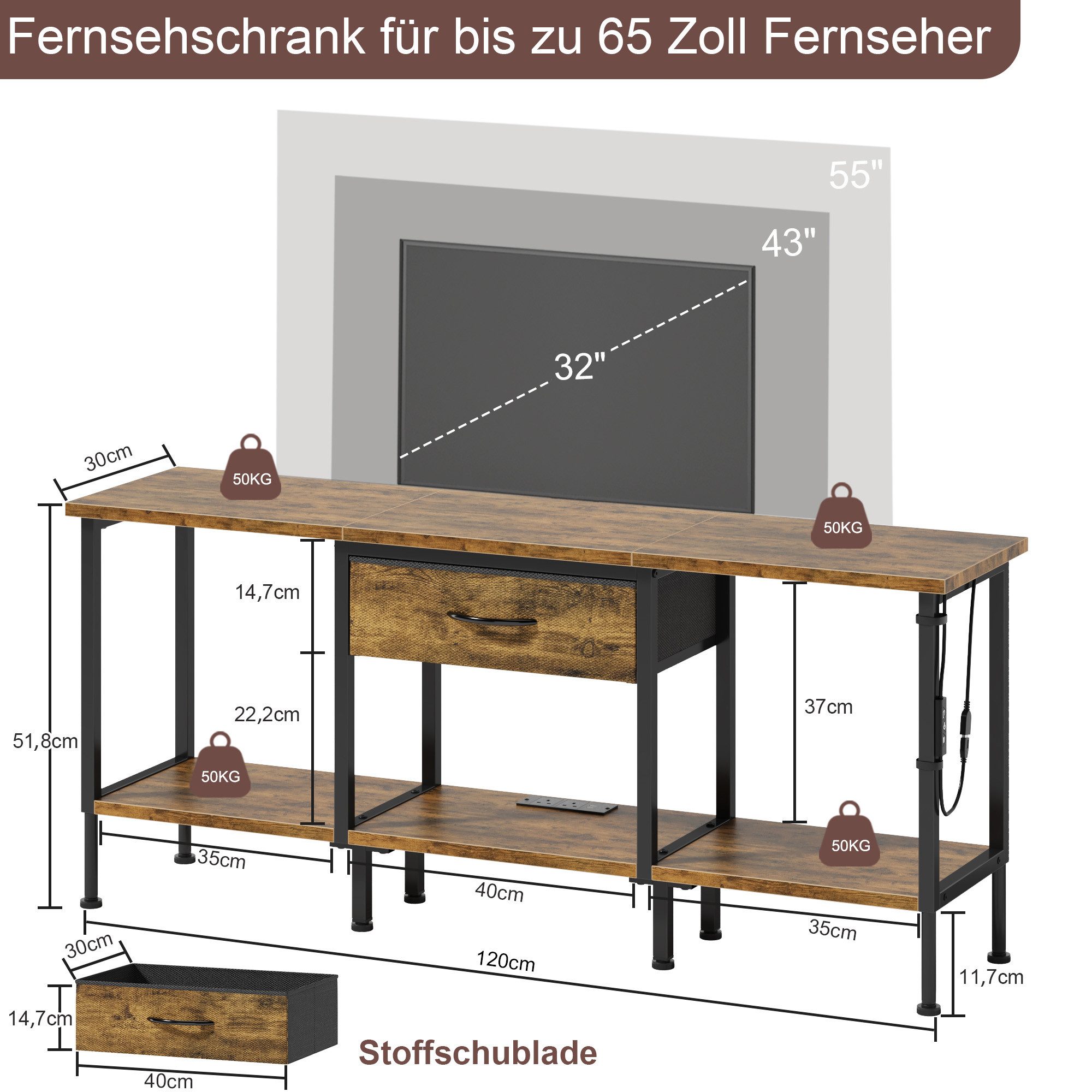 OYRREU TV-Schrank 120cm, Fernsehschrank mit LED-Beleuchtung, Steckdosen & USB App-gesteuerte Mehrfarben-LED-Beleuchtung