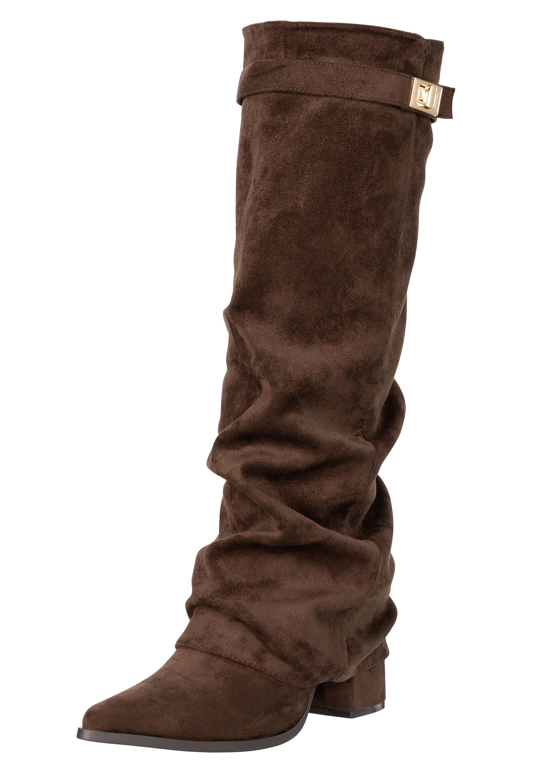 Salinyang Damen Stiefel in Wildlederoptik mit Slouch Schaft & Blockabsatz High-Heel-Stiefel