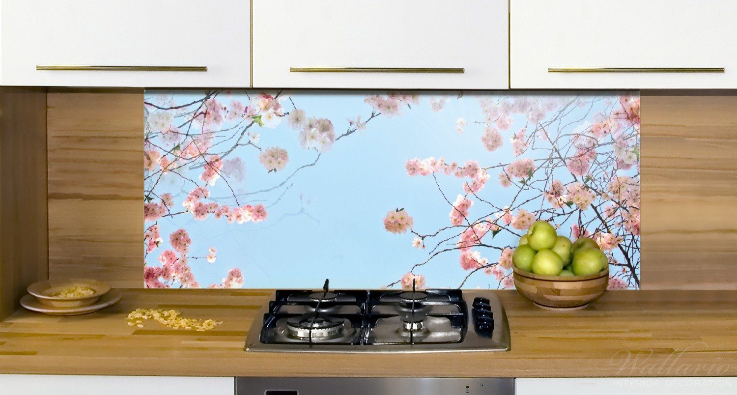 Wallario Frühling, und Kirschblütenzweige Wiese- Küchenrückwand (1-tlg) grüne