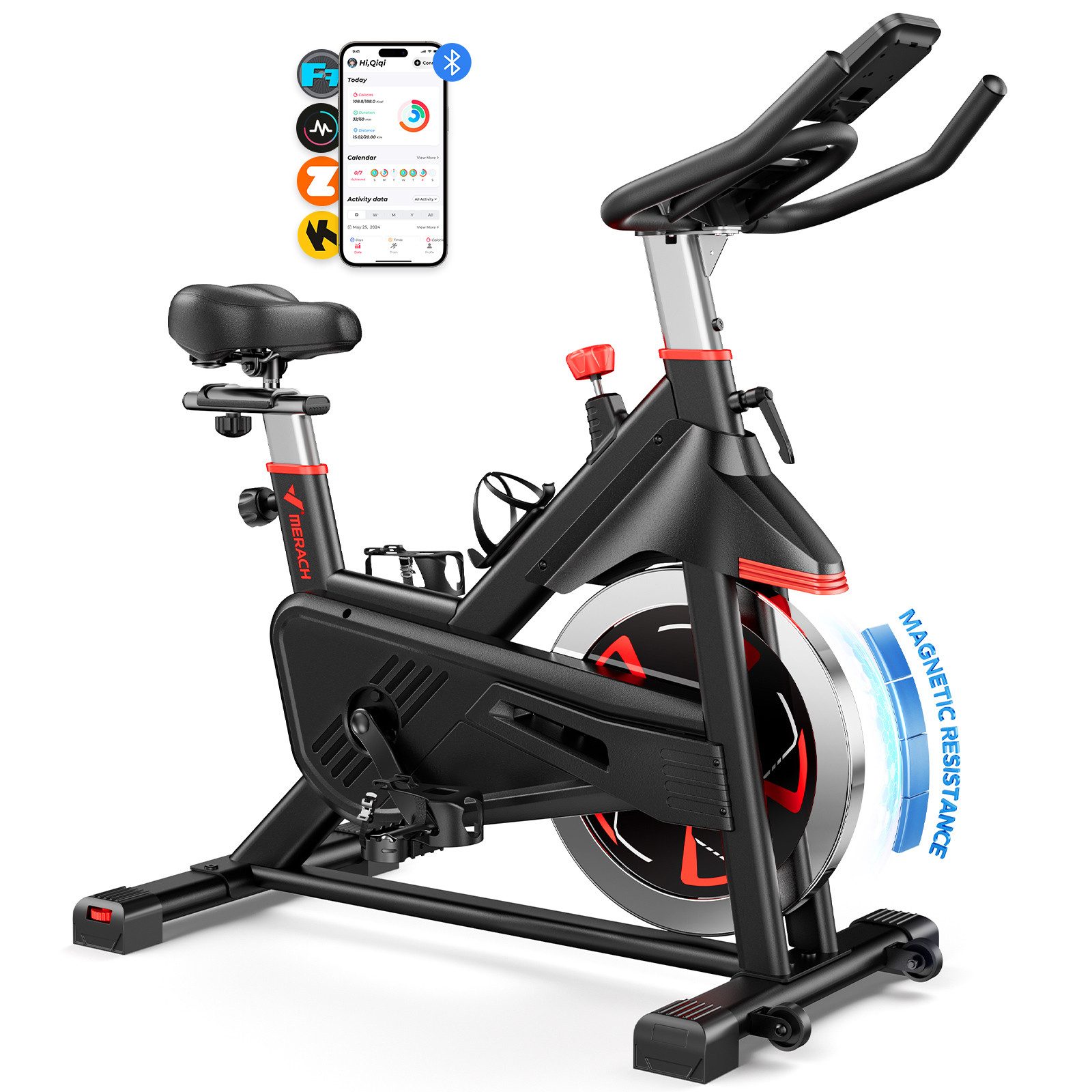 MERACH Heimtrainer Fahrrad für Zuhause mit APP & Magnetwiderstand (0-100% Magnetwiderstand, Bremssystem, Extrem laufruhig, 1-tlg., Zwift und Kinomap & Mobilgeräte-Halter), 136 max. Benutzergewicht, leise, Gefederter Sitz, Ergonomisch