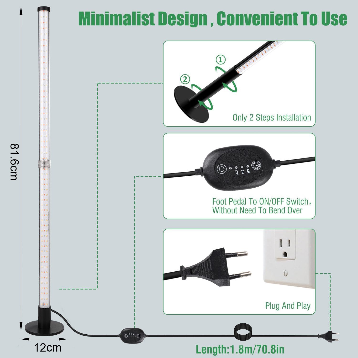 MUPOO Pflanzenlampe LED Stehende Pflanzenzuchtlampe Volles Spektrum H40-122cm, mit 3 Farben & 6/9/12H Timer für hohe Indoor-Pflanzen