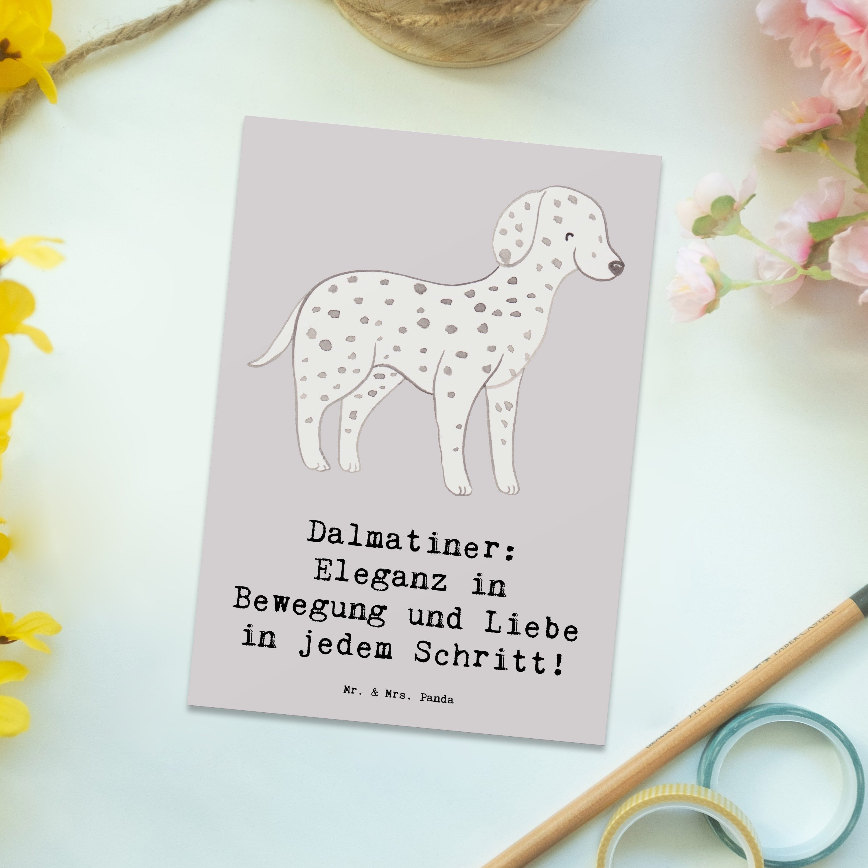 Thumbnail - Mr. & Mrs. Panda Postkarte Dalmatiner Charme - Grau Pastell - Geschenk, Herzenseroberer, Geburts