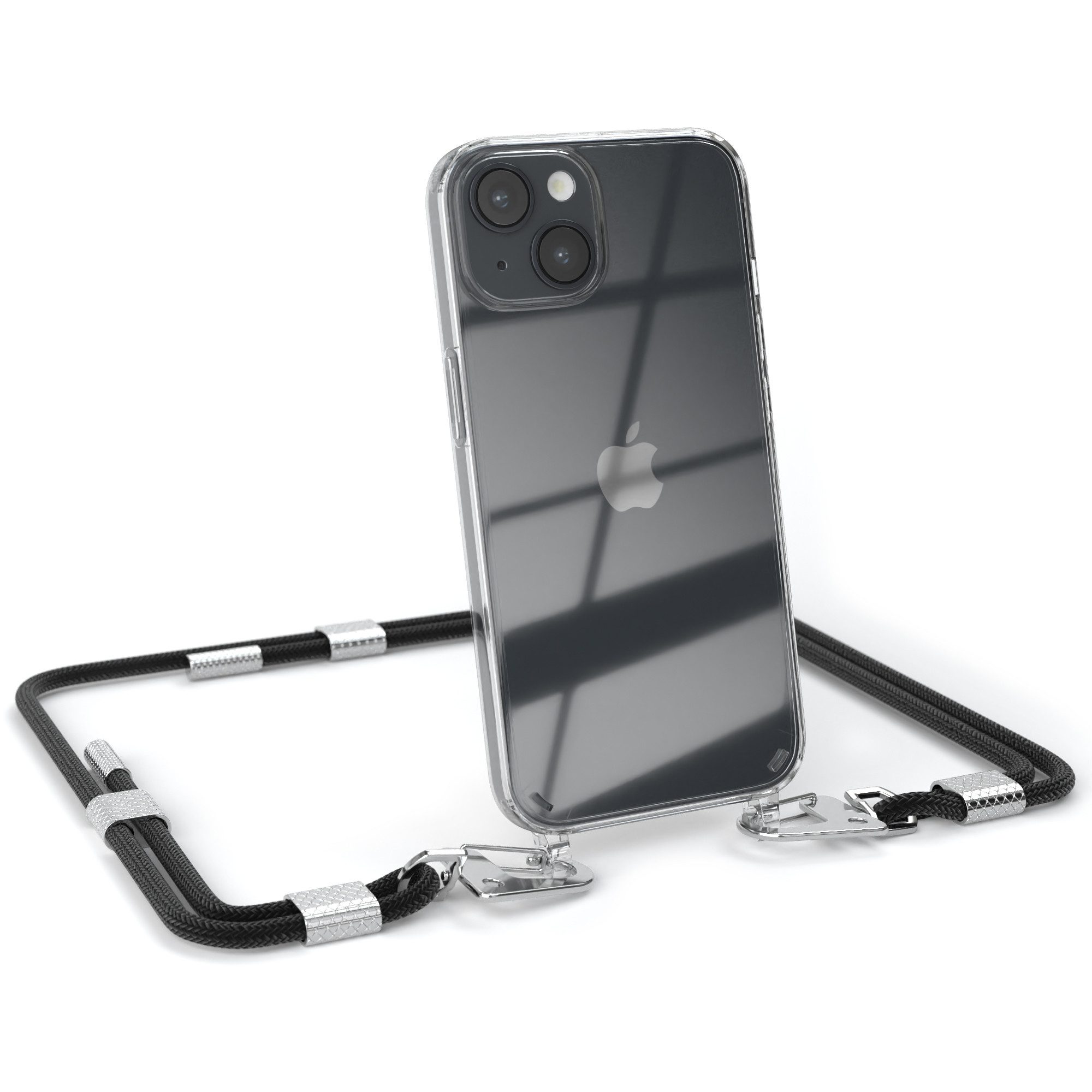 EAZY CASE Handykette Silikonhülle mit runder Kette für Apple iPhone 14 6,1 Zoll, Ketten Hülle Transparent Case Kettenhülle abnehmbare Kordel Schwarz