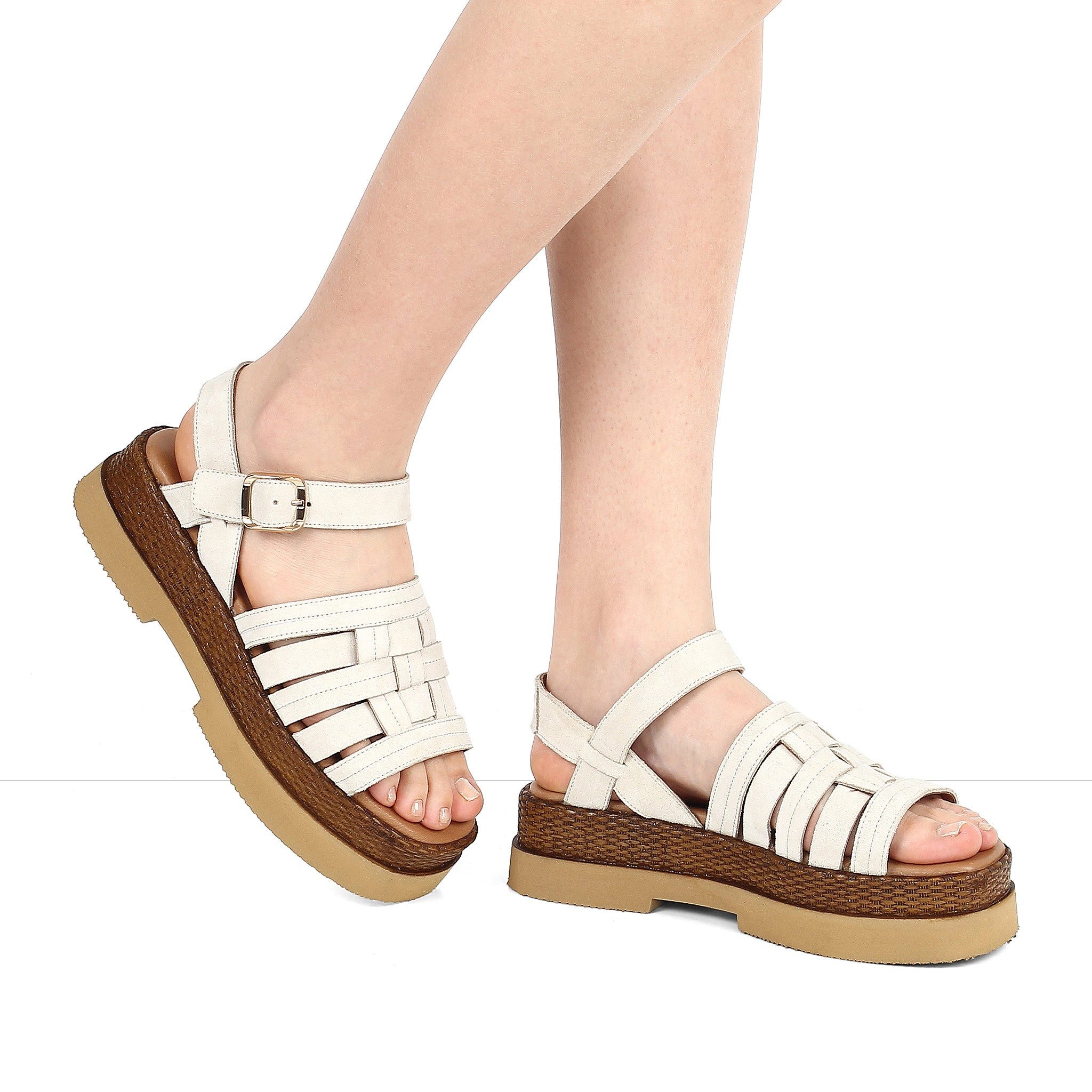Celal Gültekin Espadrilles Plateau Keilabsatz Boho Knöchelriemen Damen Plateausandaletten Veloursleder, Espadrille-Keilsohle & Echtleder-Futter, Beige, 39