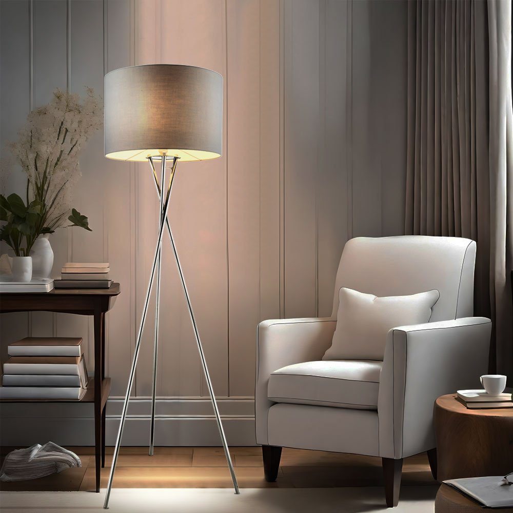 etc-shop LED Stehlampe, Zimmer Decken im Fluter Chrom Wohn Strahler inklusive, Grau Textil Warmweiß, Leuchtmittel Steh Lampe