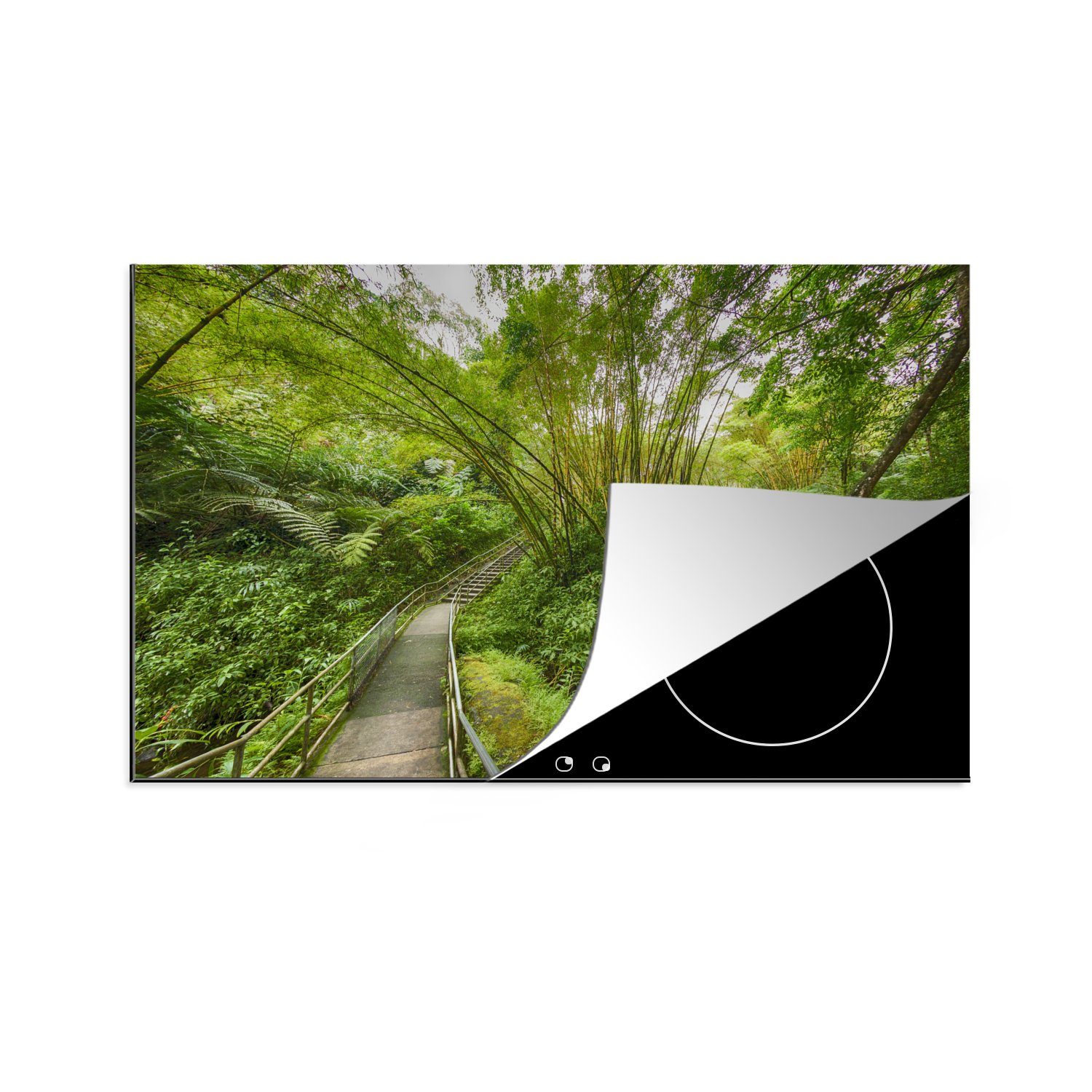 MuchoWow Herdblende-/Abdeckplatte Fußgängerbrücke in einem Bambuswald in der Nähe eines Baches, Vinyl, (1 tlg), 81x52 cm, Induktionskochfeld Schutz für die küche, Ceranfeldabdeckung