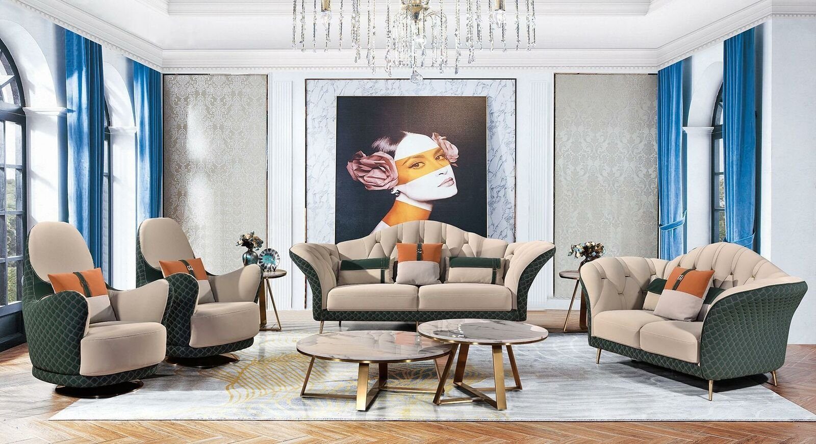 verschieden JVmoebel Wohnzimmer-Set Leder (6-St) Sofa Designer Garnituren 5tlg. Garnitur Couchtisch, Beige/Grün Polster Couch