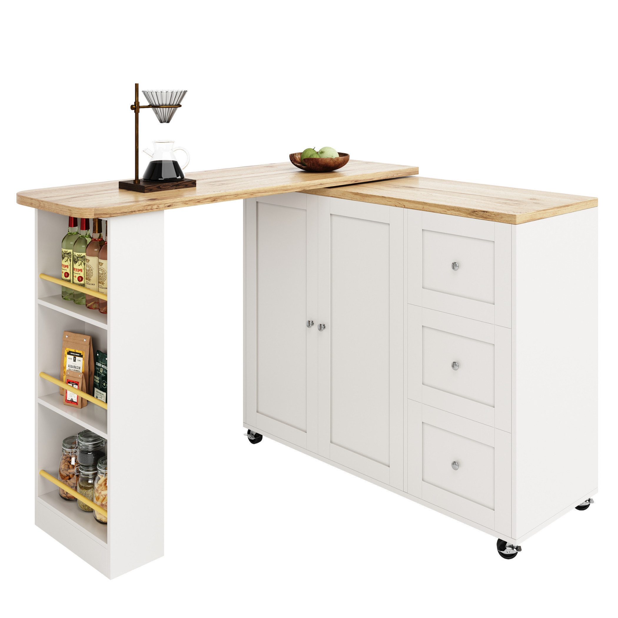 SeedWave Bartisch mit 360°-Drehfunktion und Aufbewahrungsmöglichkeiten,138-209x39x104 cm, Bartisch mit silbernen Griffen und feststellbaren Rollen ausgestattet
