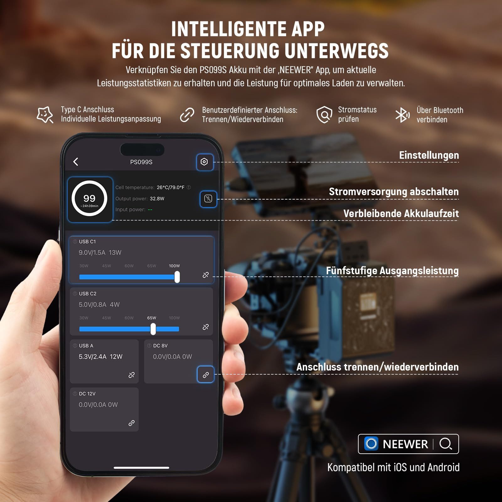Neewer PS099S Smart Mini V Mount Akku, APP Steuerung, 6800mAh Kamera-Akku 6800 mAh, 99Wh 14,5V, 100W PD Schnellladung, für BMPCC 4k 6k Camcorder Kamera