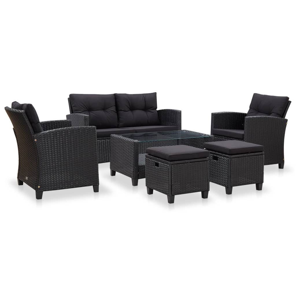 vidaXL Loungesofa 6-tlg. Garten-Sofagarnitur mit Auflagen Poly Rattan Schwarz, 6 Teile