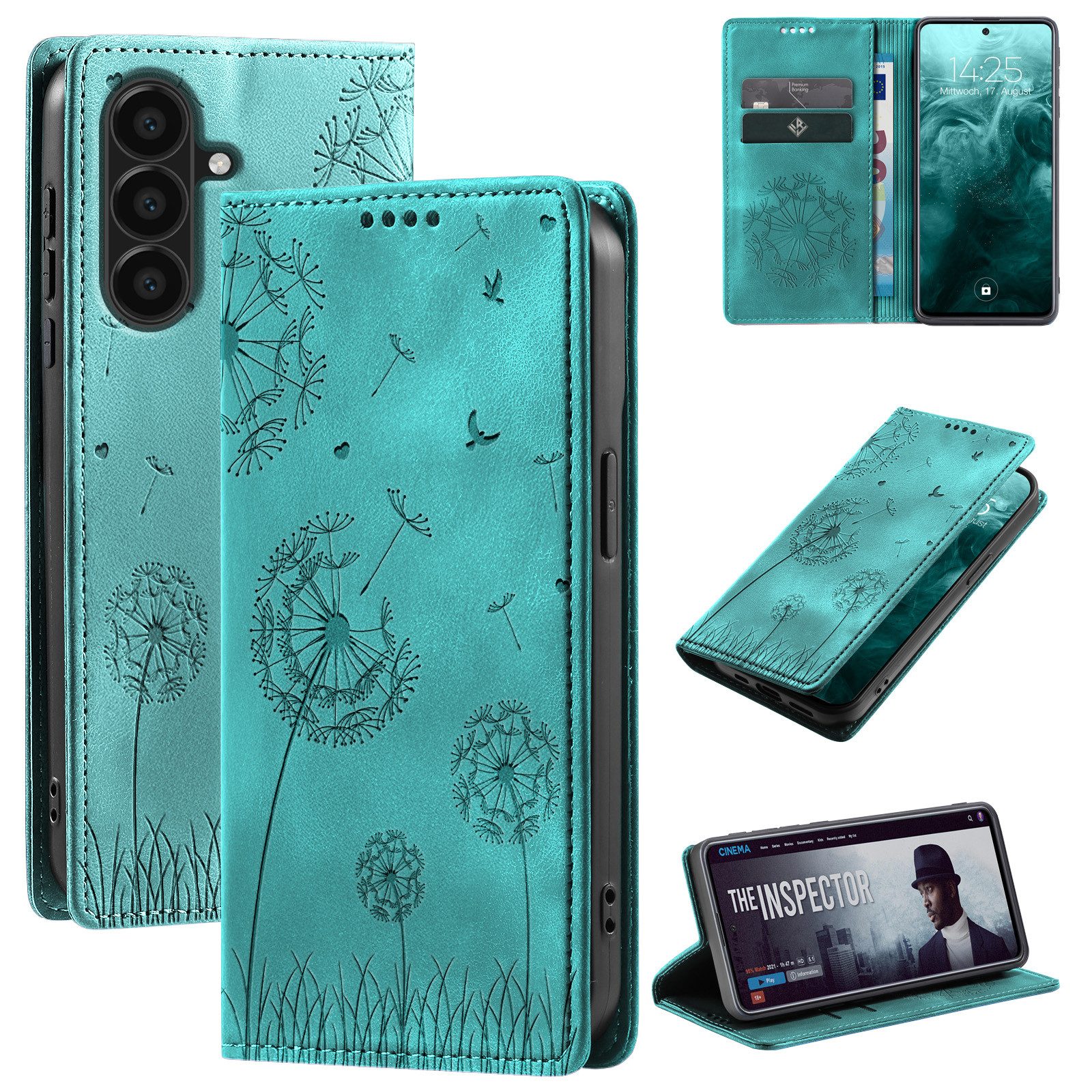 Tec-Expert Handyhülle Handy Hülle Klapphülle für Samsung Galaxy A17 / A17 5G 6.7 Zoll, 6.7", Blumen Pusteblume Case Cover mit Kartenfächern und RFID Schutz