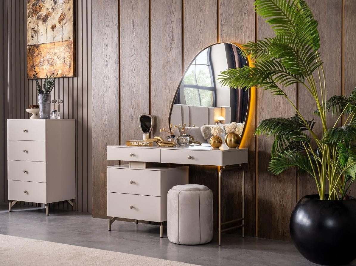 JVmoebel Schminktisch Schlafzimmer Set Schminktisch Sitzhocker Spiegel Modern Beige Stilvoll, Made in Europa