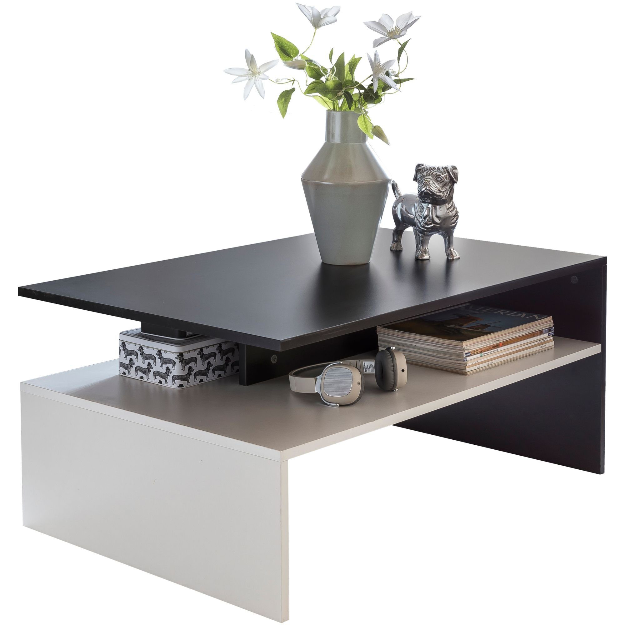 Wohnling Couchtisch WL5.282 (90x43x60 cm, Sofatisch mit Ablage Schwarz / Weiß), Großer Wohnzimmertisch, Sofatisch Rechteckig