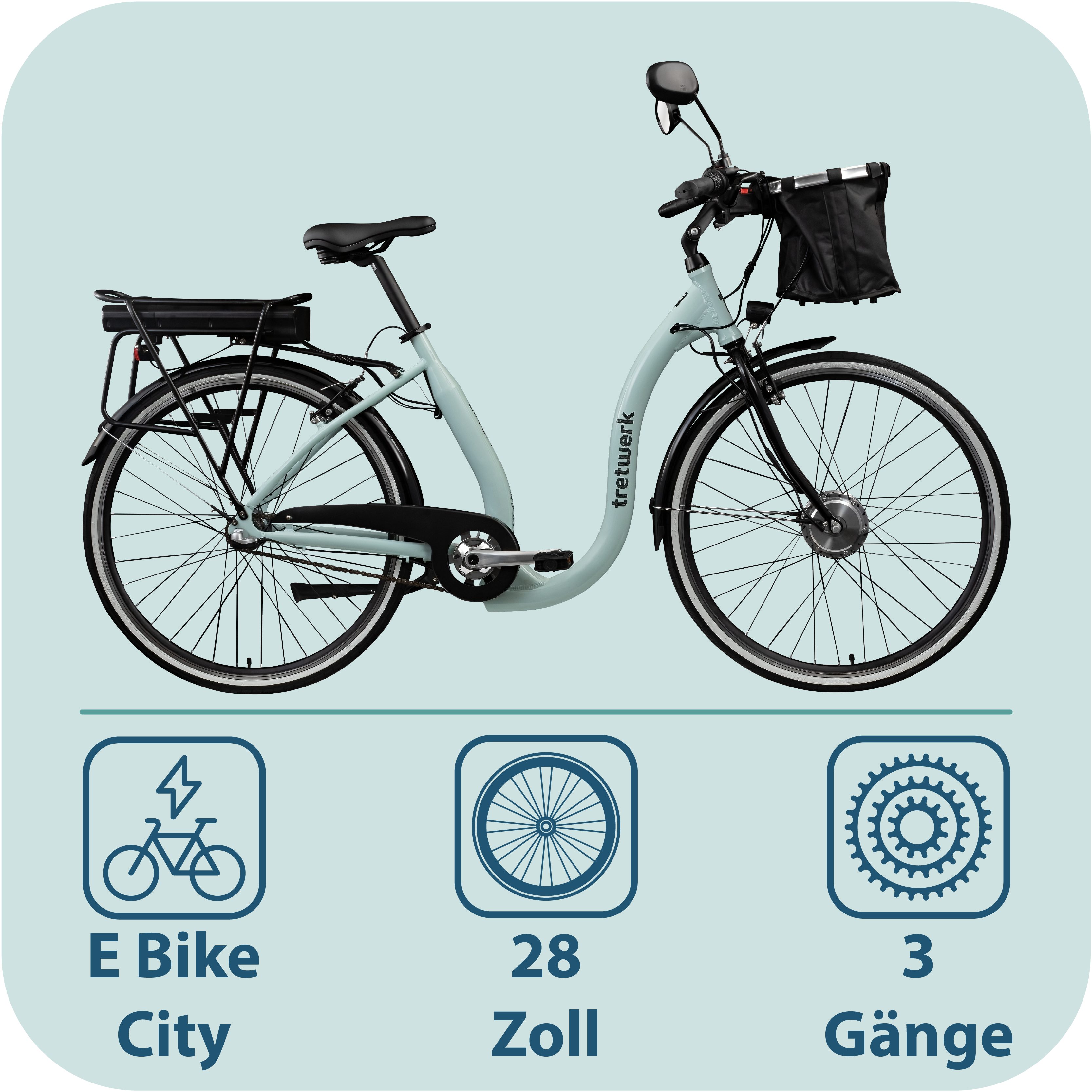 Tretwerk E-Bike Cityrad Linea, 3 Gang, Nabenschaltung, Frontmotor, 374 Wh, tiefer Einstieg