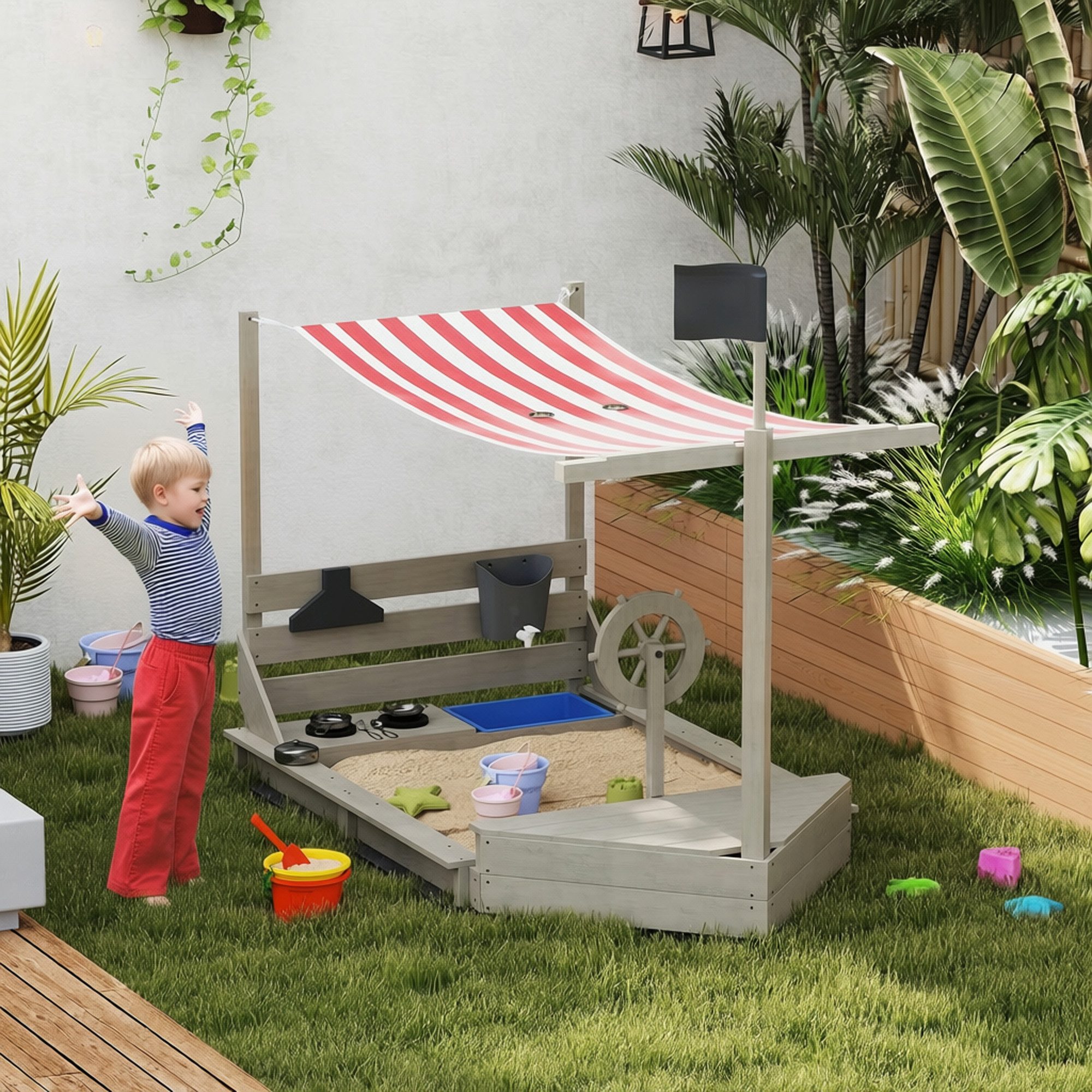 Outsunny Sandkasten Kinder Sandbox mit Abdeckung Sandkiste mit Sitzbänken für Outdoor, (Matschekiste aus Holz, 1-tlg., Segelschiff Spielhaus mit Küchenspielset), für Kinder 3-7 Jahre, Grau