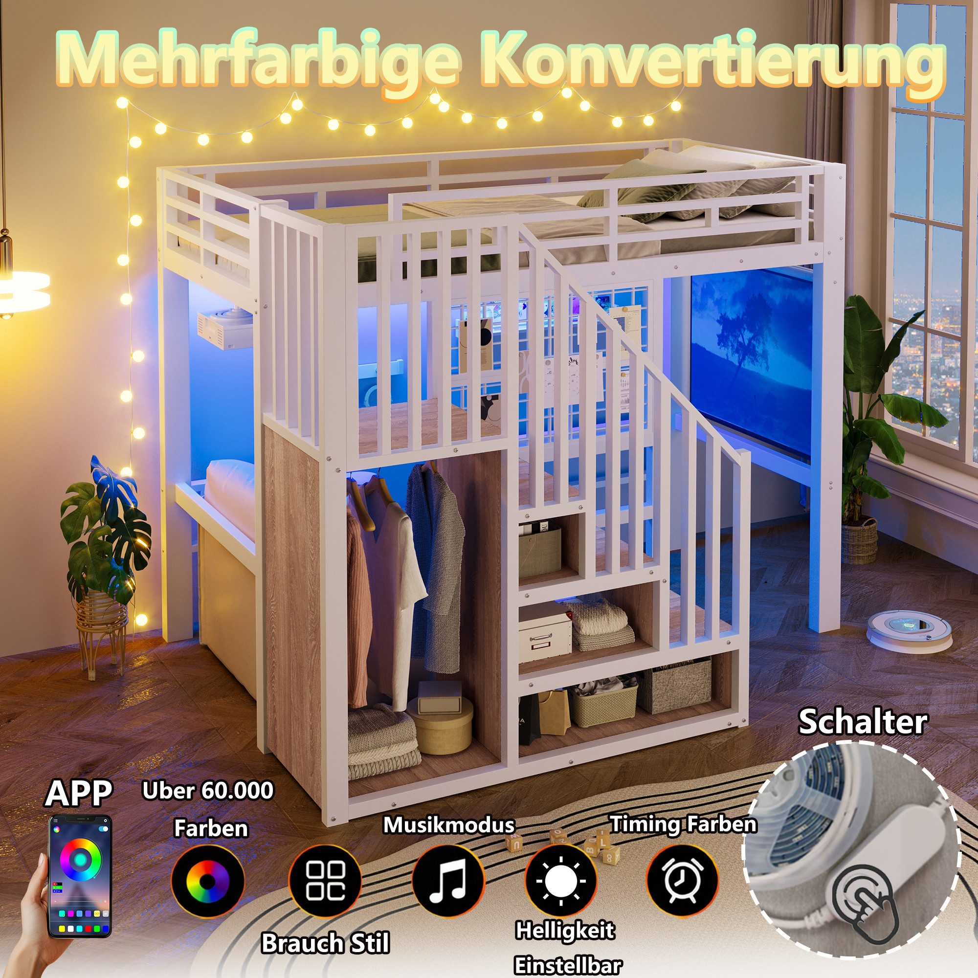 Flieks Hochbett projektoraufhängbar Metallbett 90x200cm mit Lichtstreife, Gitter und Stauraumtreppe