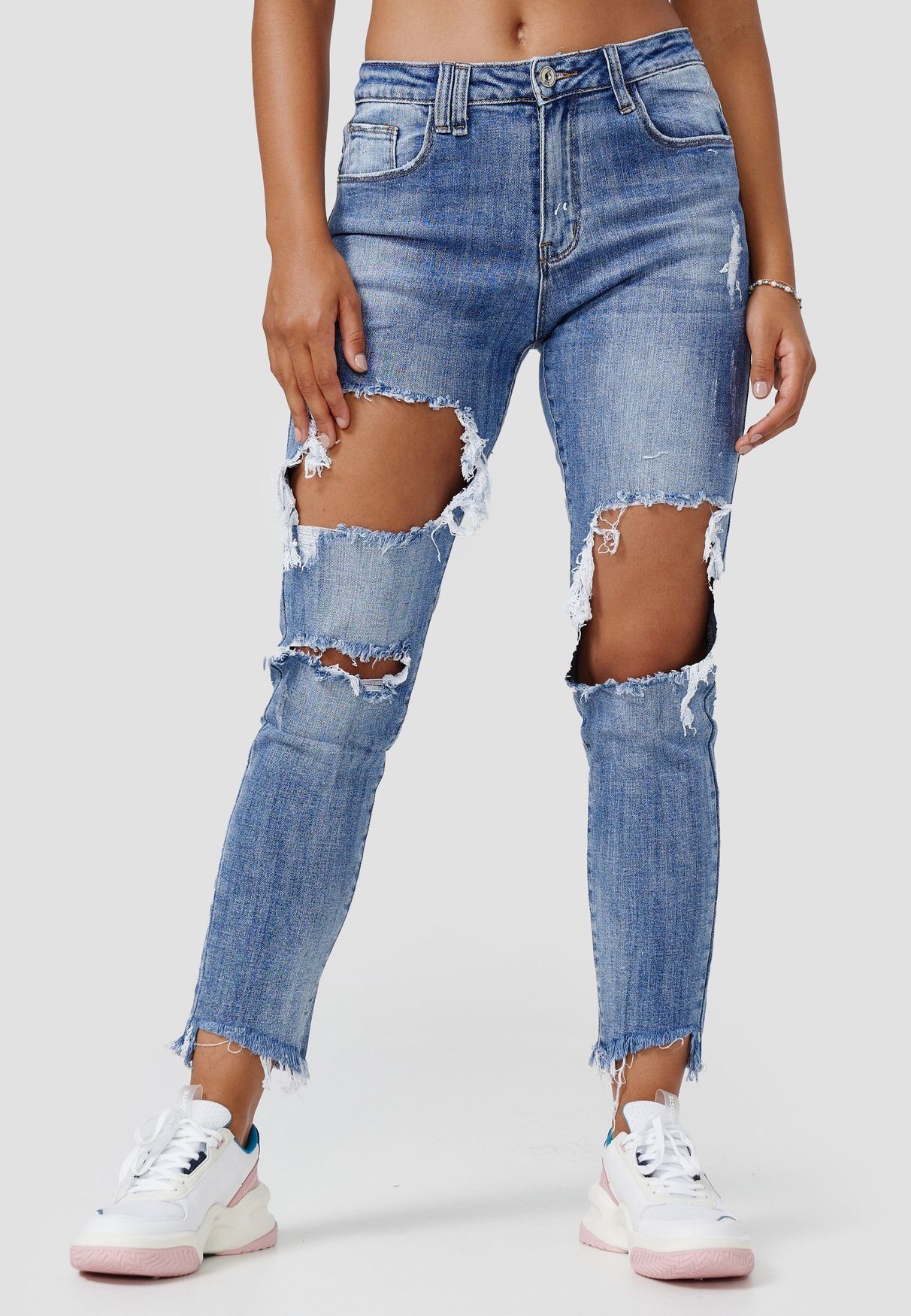 HELLO MISS Boyfriend-Jeans »Damen Mom Cropped Jeans Weite Destroyed  Boyfriend Ankle Pants« (1-tlg) 3556 in Hellblau