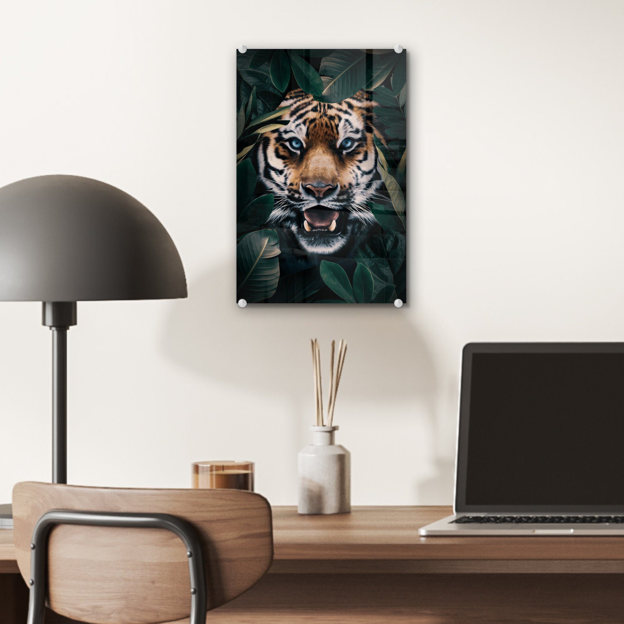 MuchoWow Acrylglasbild Tiger - Bäume - - Glas (1 Glas Glasbilder Foto Wandbild Bilder Wanddekoration Blau, St), - auf bunt auf 