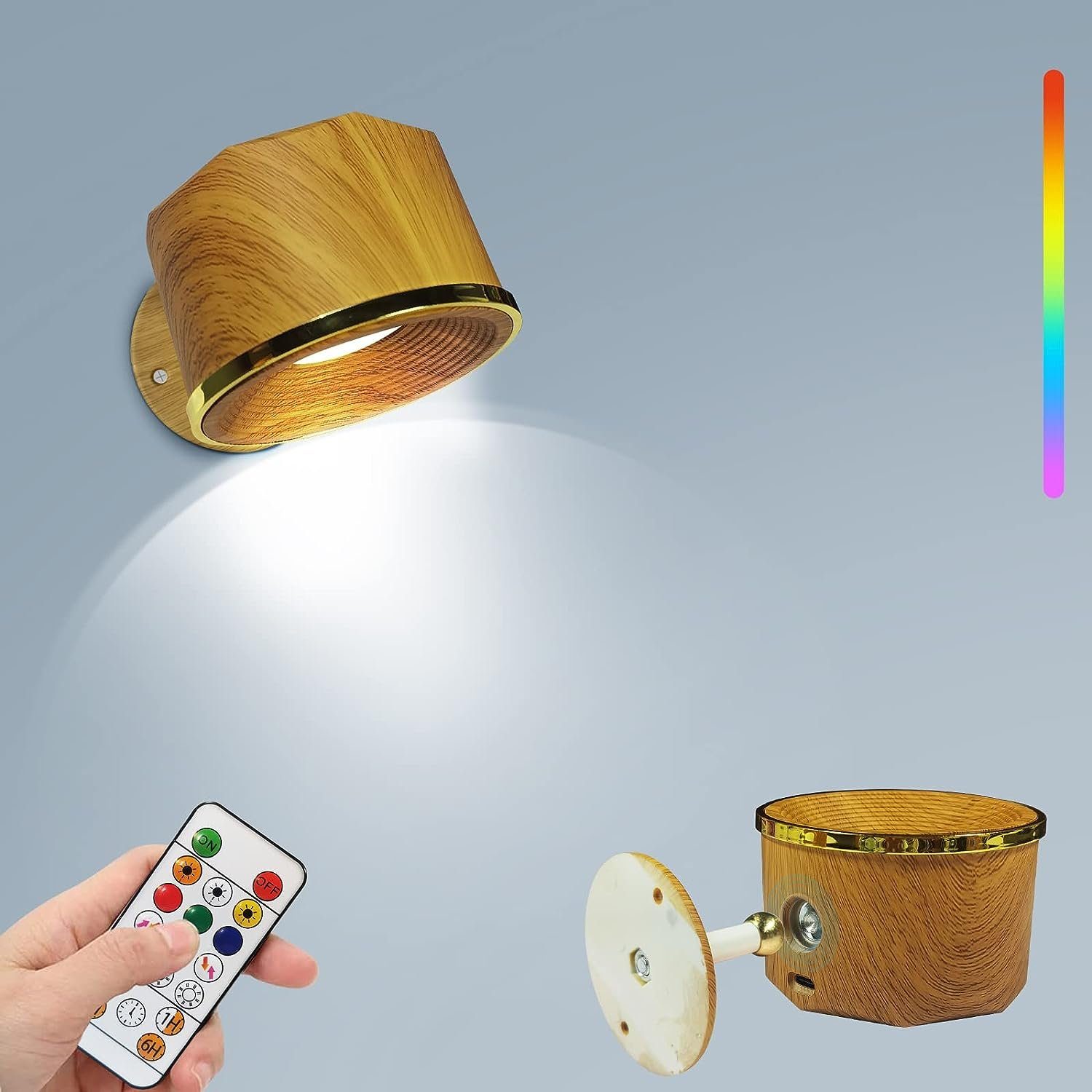 Bedee LED Wandleuchte LED Wandleuchte Innen Batteriebetrieben Kabellose Dimmbar, 360° drehbare 3 Helligkeitsstufen 16 Farbmodi Wandlampe, LED fest integriert, Warmweiß, Wandlampe mit Fernbedienung für Schlafzimmer Wohnzimmer Flur Holzfarbe