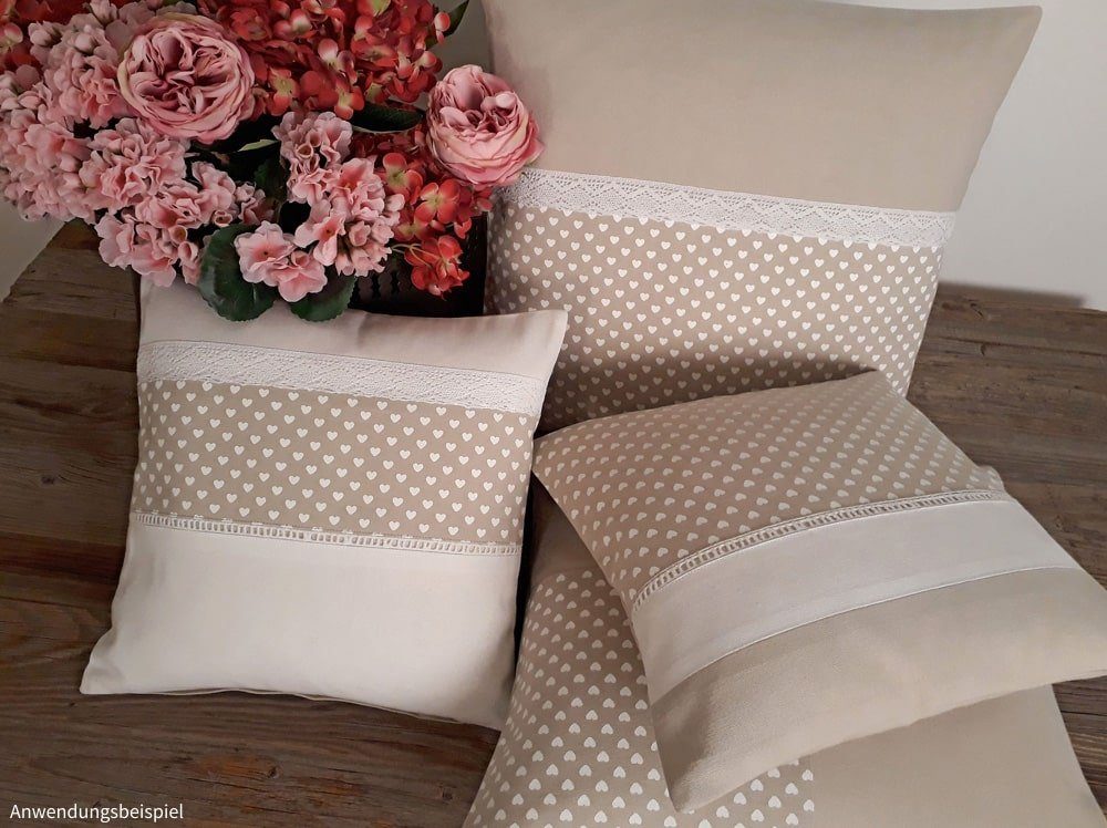 matches21 HOME & HOBBY Kissenbezüge Kissen-Bezug 40x40 cm Vintage Herzen beige eiß Baumwolle, (1 Stück), Wohnzimmer Kissen-Hülle als Deko-Kissen Zier-Kissen Sofa-Kissen