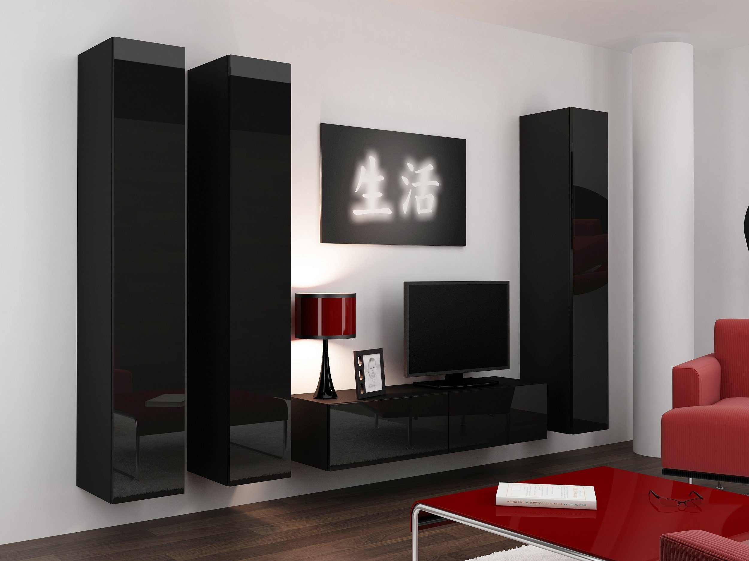 Stylefy Wohnwand Vago XIV, (Set (4-St), Wohnmöbel, Wohnzimmer-Set), bestehend aus 1xLowboard und 3xHängeschrank, Hochglanzfronten, mit Push-to-Open, Modern Design Schwarz/Schwarz Hochglanz