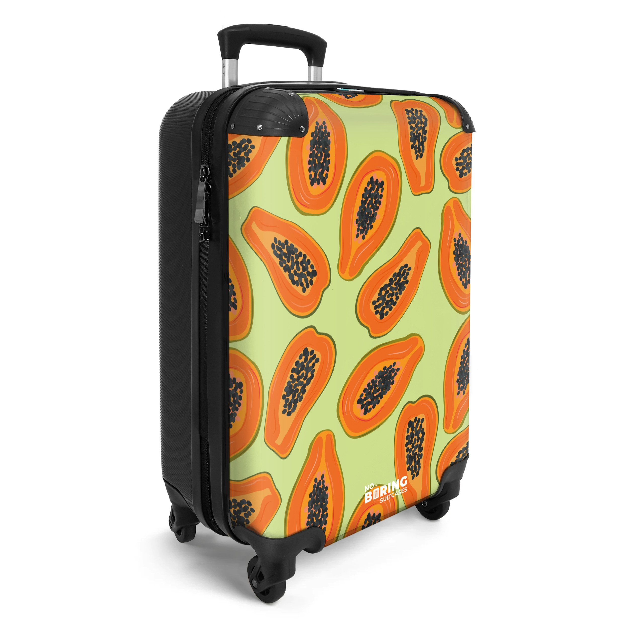 NoBoringSuitcases.com© Hartschalen-Trolley Grün mit orangefarbener Papaya günstig online kaufen