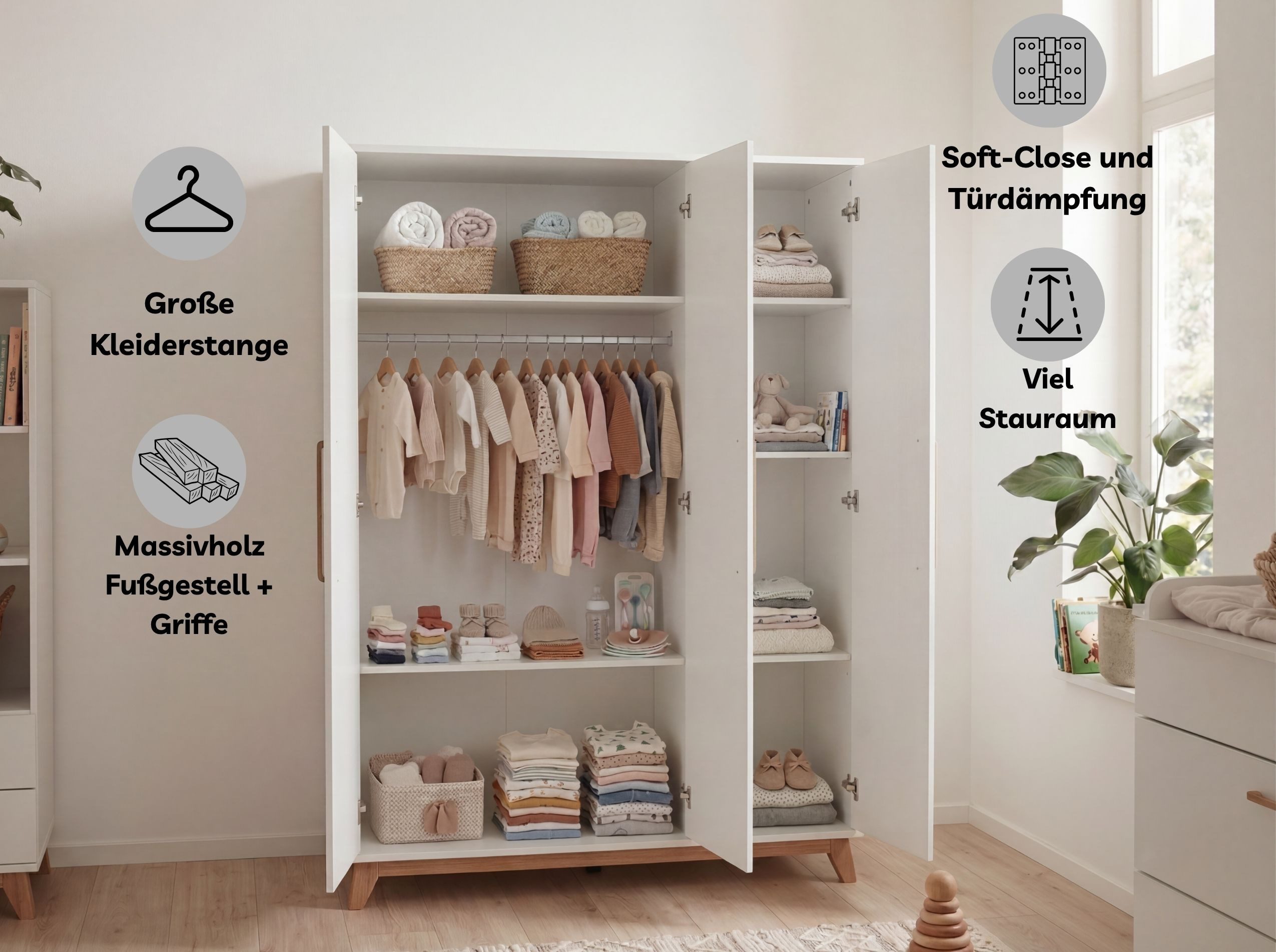 arthur berndt Babyzimmer-Komplettset Lina, (Set, 6-tlg., Schrank, Kommode, Bett, 2x Regale, Umbauseite), 6 teiliges Babyzimmer komplett Set hochwertig