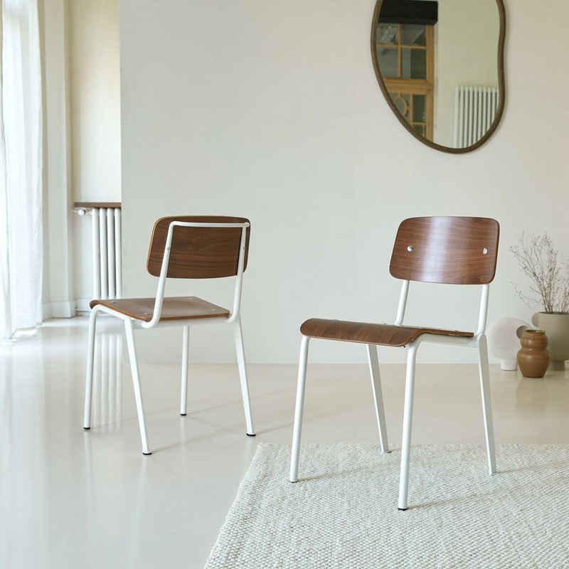 Tikamoon Esszimmerstuhl Stuhl Mio White aus Metall und Nussbaumholz
