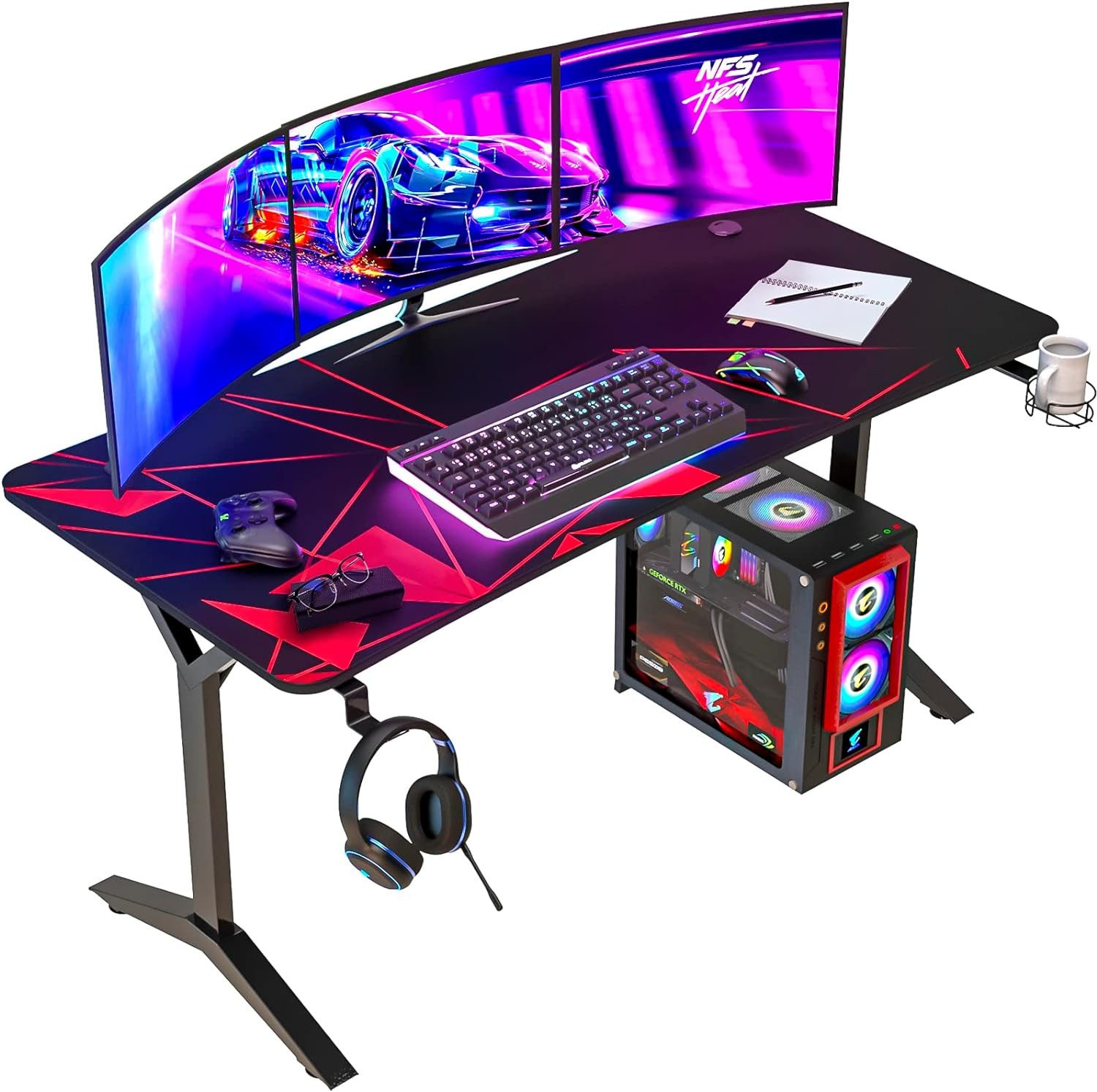 KLIM Gamingtisch K152, ‎152 x 75 cm, Getränkehalter und Headset Haken, Gaming Schreibtisch