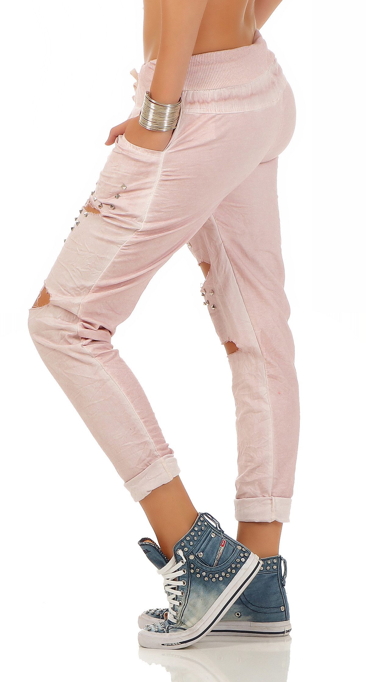 Mississhop Chinohose Trendige Jogger-Hose mit Print & Patches – Bequem
