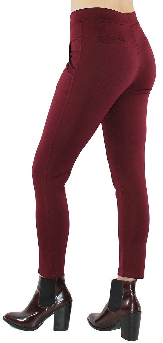 in Elegante mit Lässig Stretch-Treggings Bund Hineinschlüpfen elastischem zum Damen DH110-Weinrot Unifarbe, Röhrenhose Röhrenhose dy_mode