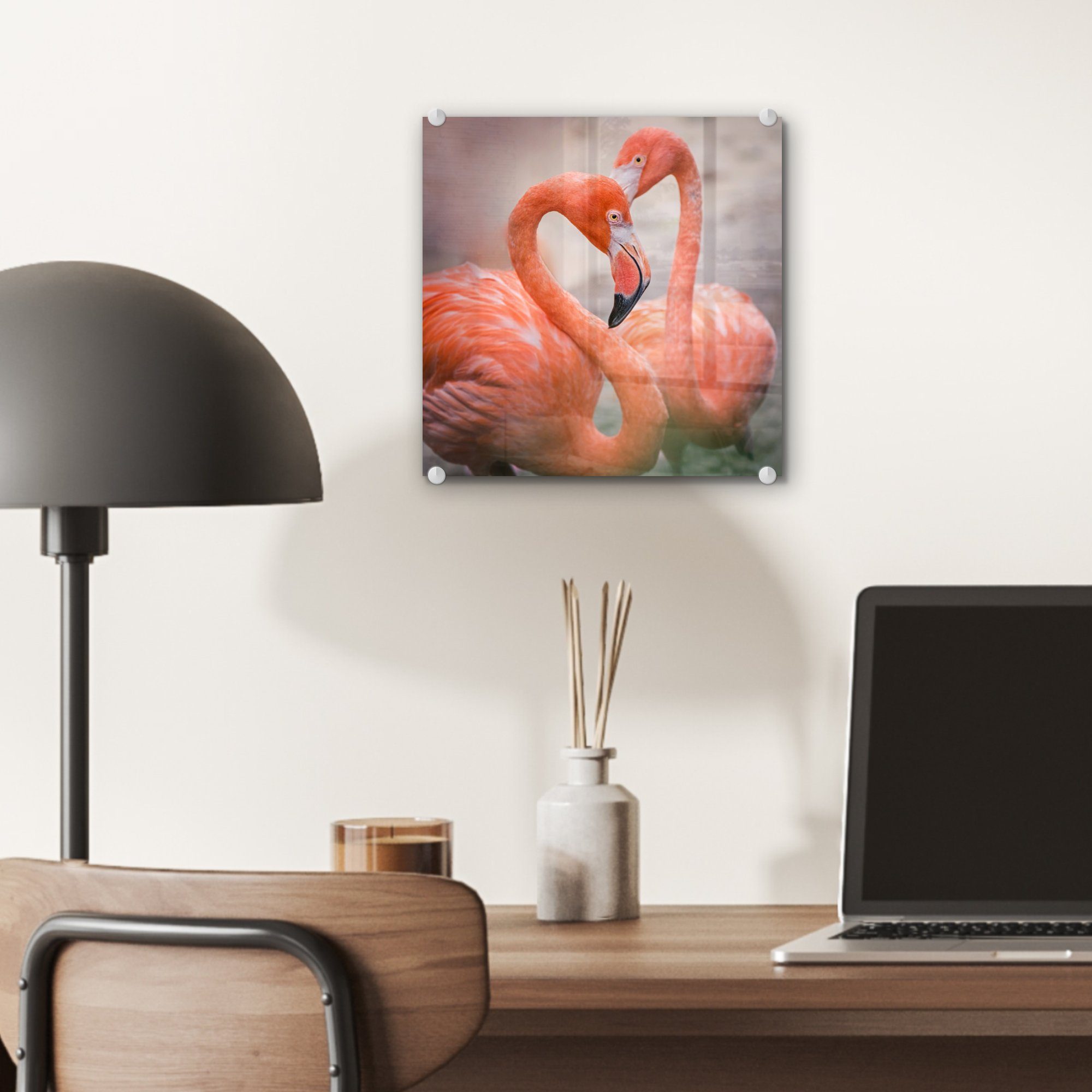 Glas rote Flamingos St), MuchoWow Glasbilder auf Herz, bilden - Wandbild auf - - zusammen Glas Wanddekoration Bilder (1 Zwei ein Foto Acrylglasbild