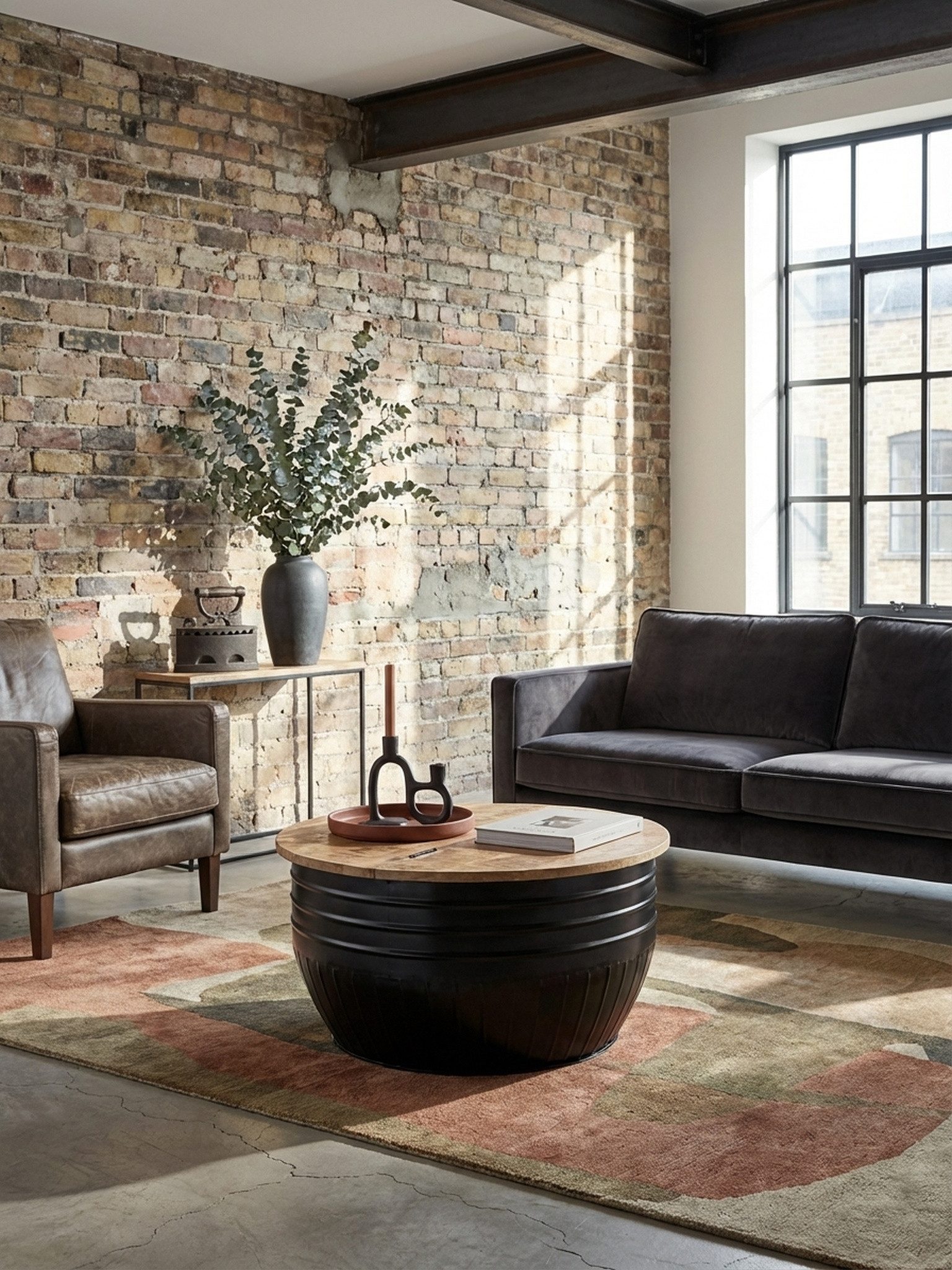 KADIMA DESIGN Couchtisch Couchtisch Mango Holz Metall 60x41x60 cm Industrial Style Rund (Moderner Loungetisch Sofatisch Schwarz), Design Wohnzimmertisch mit Stauraum