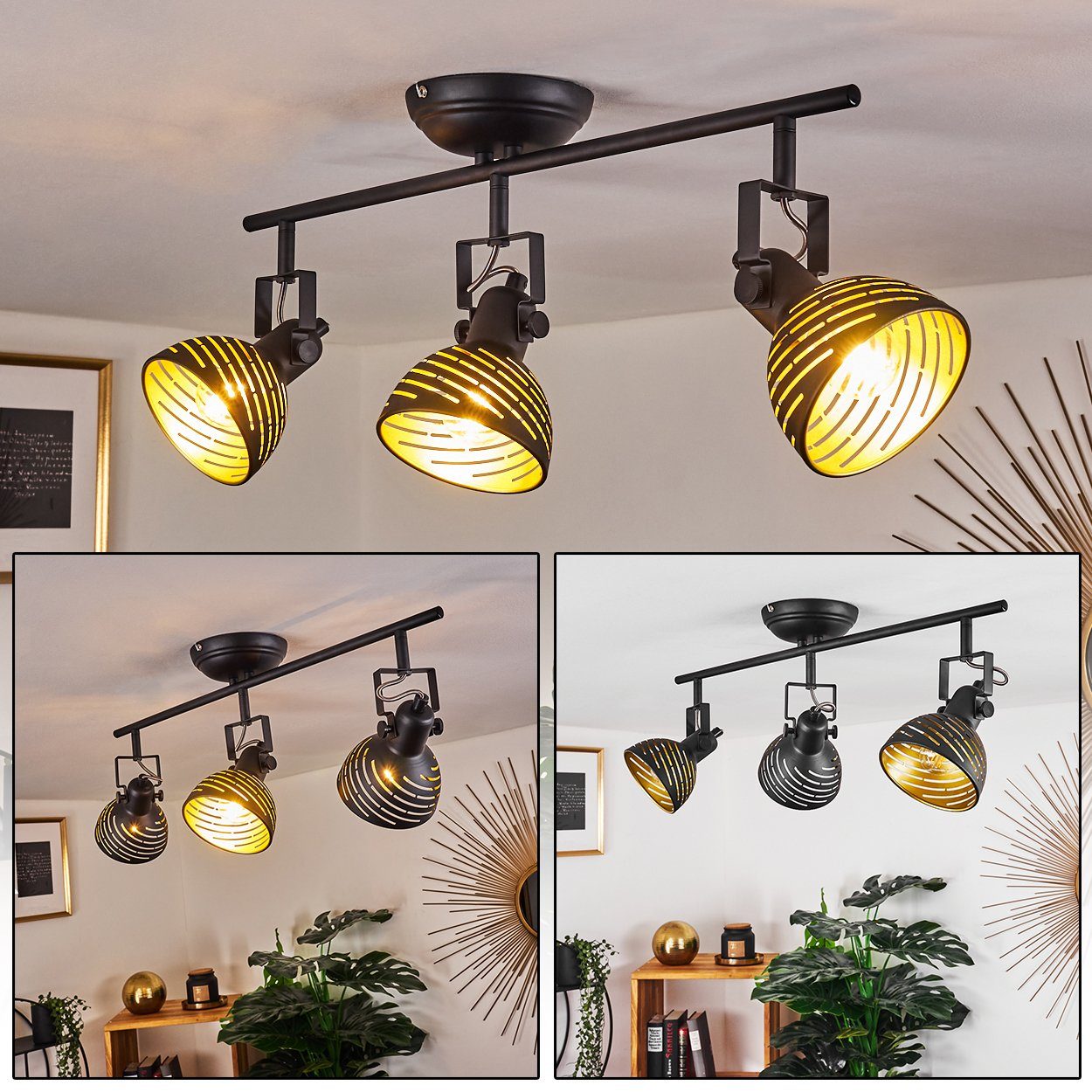 Deckenleuchte Retro/Vintage-Design Lichteffekt, mit E14, Leuchtmittel, Deckenlampe, hofstein »Mitterthal« ohne Metall, Schwarz/Goldfarben, verstellbare Strahler