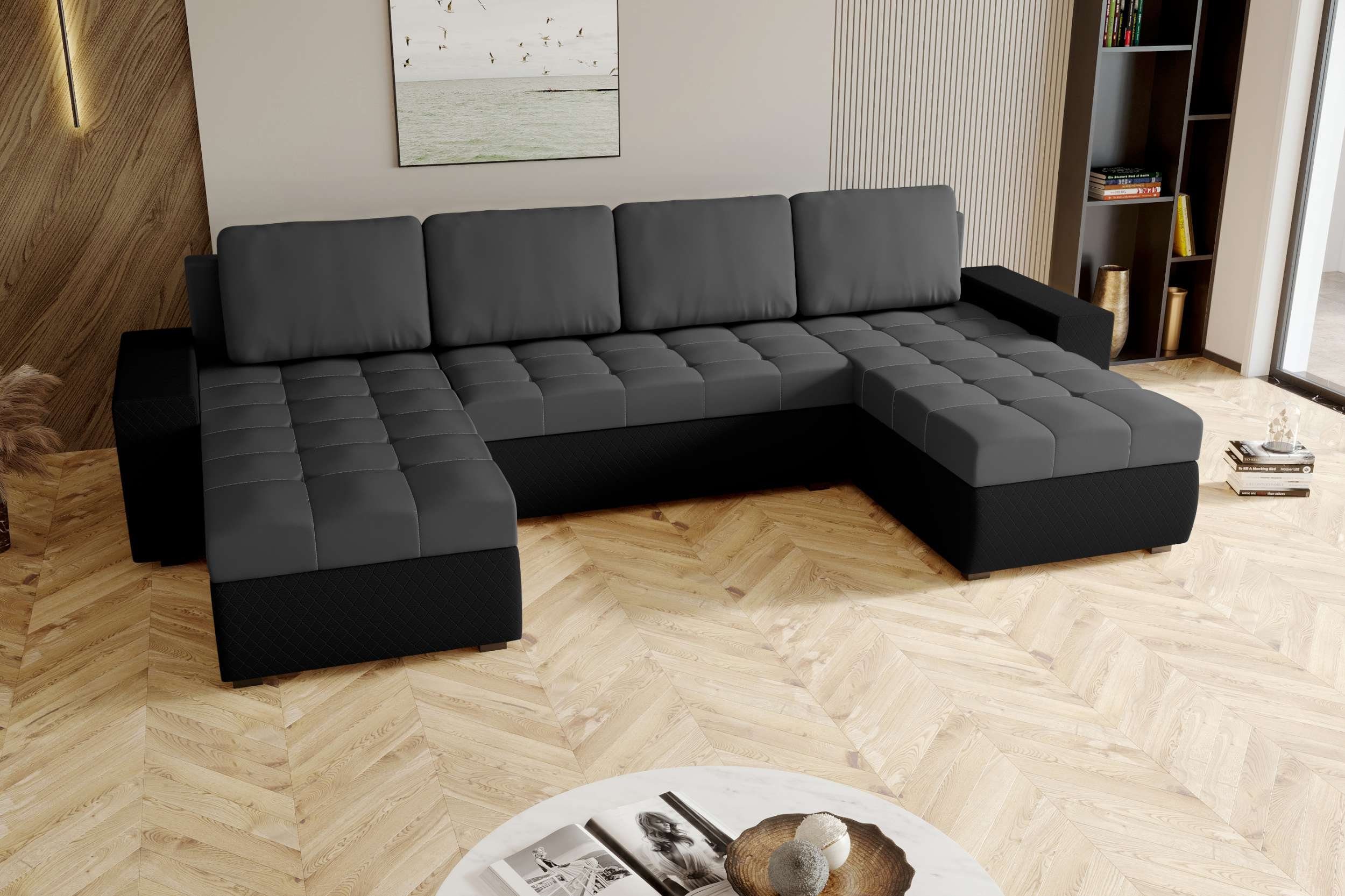 Wohnlandschaft Bettfunktion, Sitzkomfort, U-Form, mit Bettkasten, mit Modern Eckcouch, Sofa, Stylefy Amelia, Design